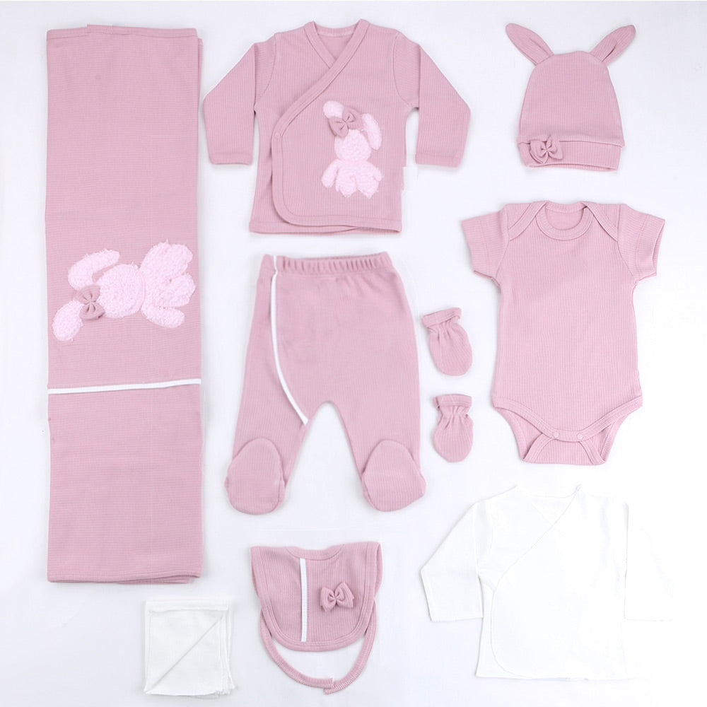 Plush Rabbit Themed Hospital Outfit 10-Piece Set Newborn Baby Girl Dried Rose (0-3 Months) - S001.2026
