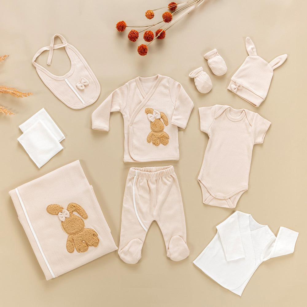Plush Rabbit Themed Hospital Outfit 10-Piece Set Newborn Baby Girl Coffee (0-3 Months) - S001.2026