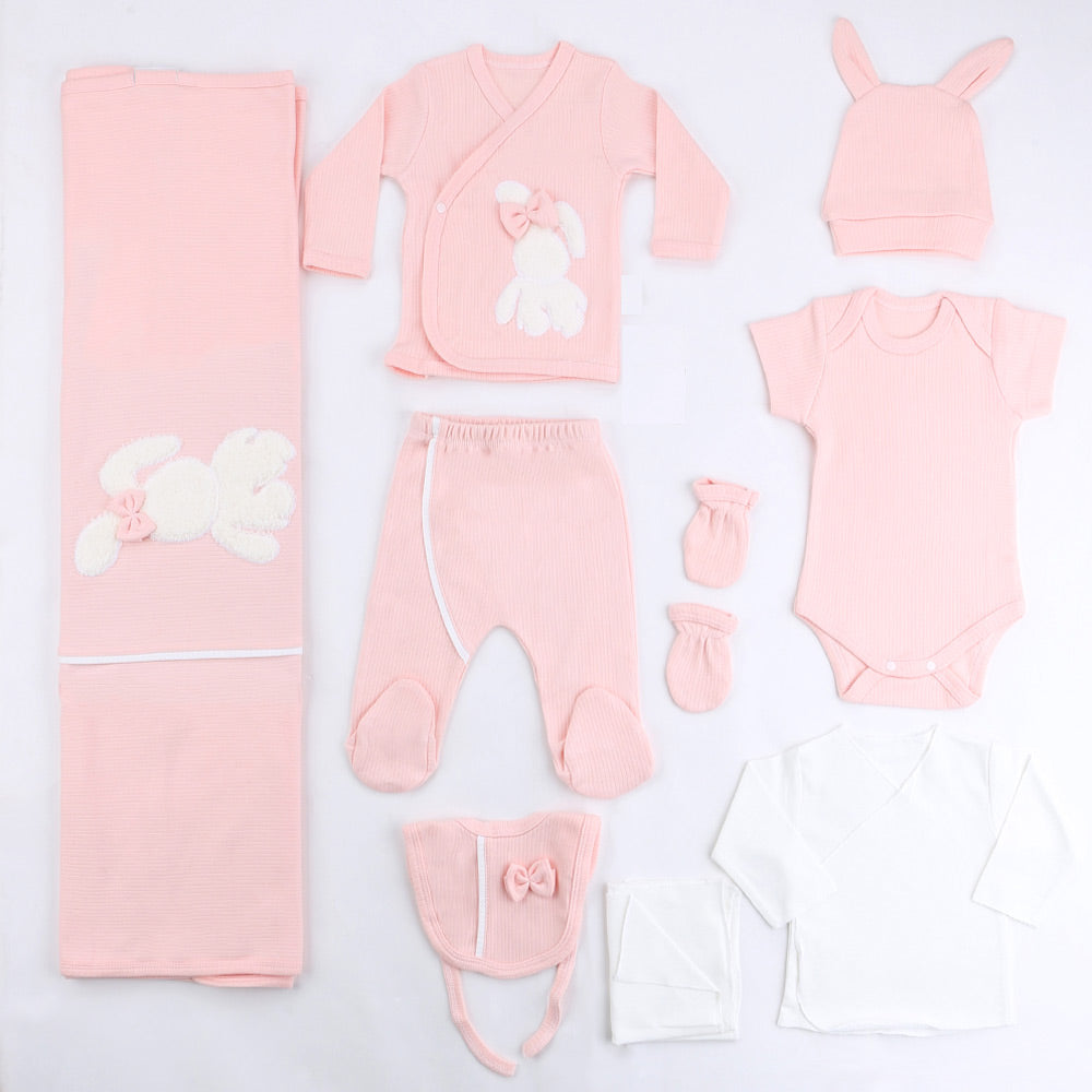 Plush Rabbit Themed Hospital Outfit 10-Piece Set Newborn Baby Girl Salmon (0-3 Months) - S001.2026