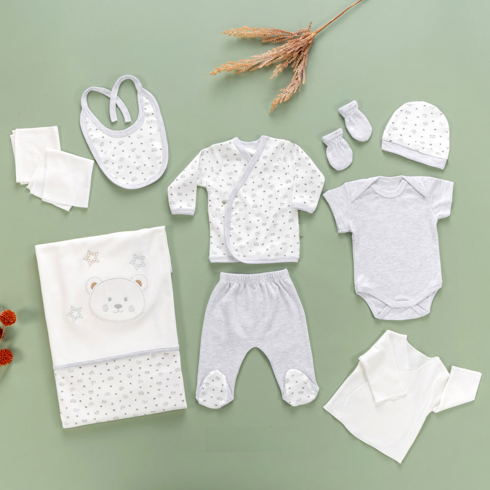 Star Bear Themed Hospital Outfit 10-Piece Set Newborn Baby Grey (0-3 Months) - S001.2101