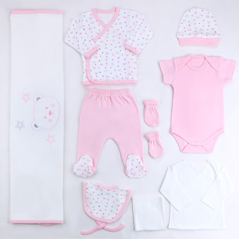 Star Bear Themed Hospital Outfit 10-Piece Set Newborn Baby Pink (0-6 M
