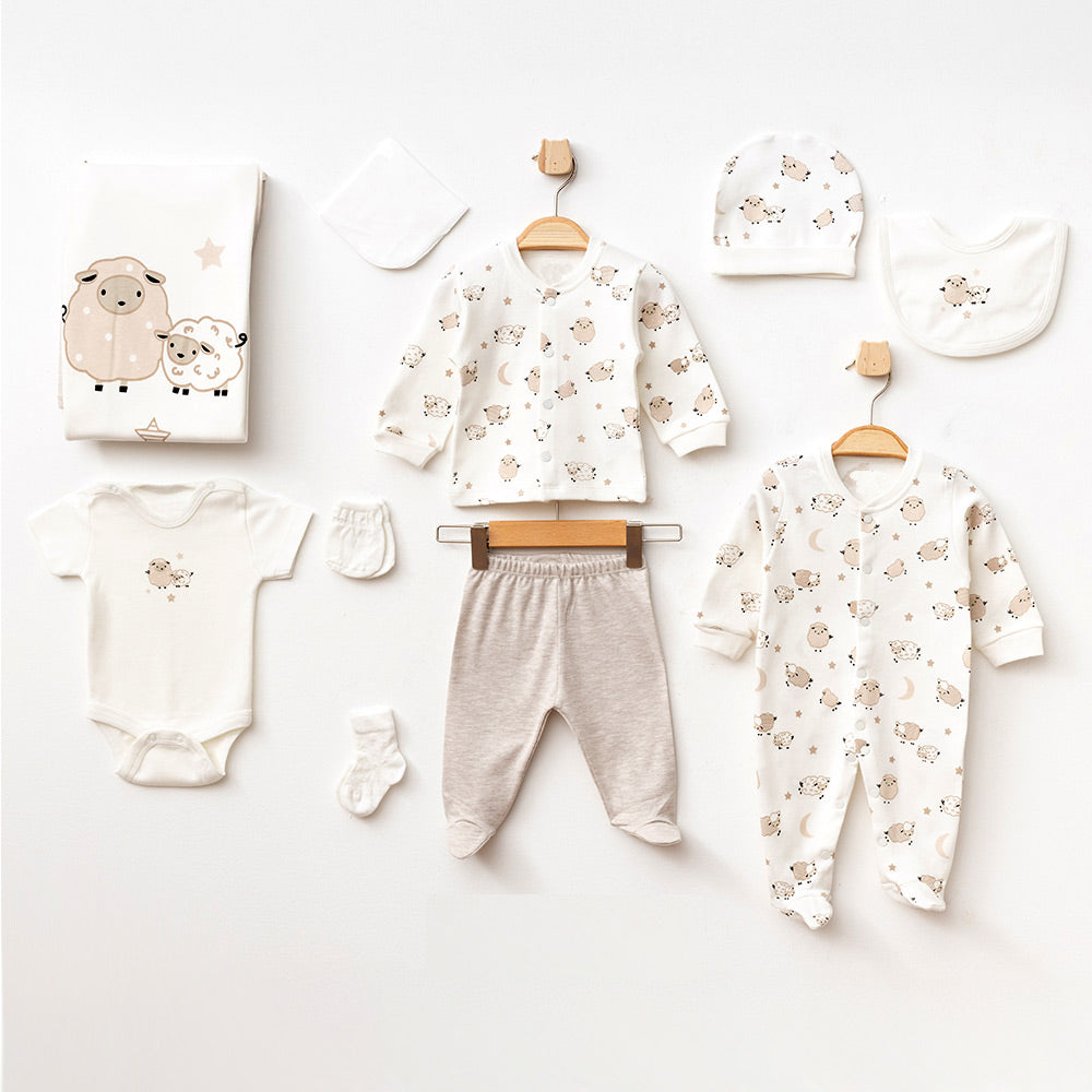Lamb Themed Hospital Outfit 10-Piece Set Newborn Baby Boy Beige (0-3 Months) - A020.10327