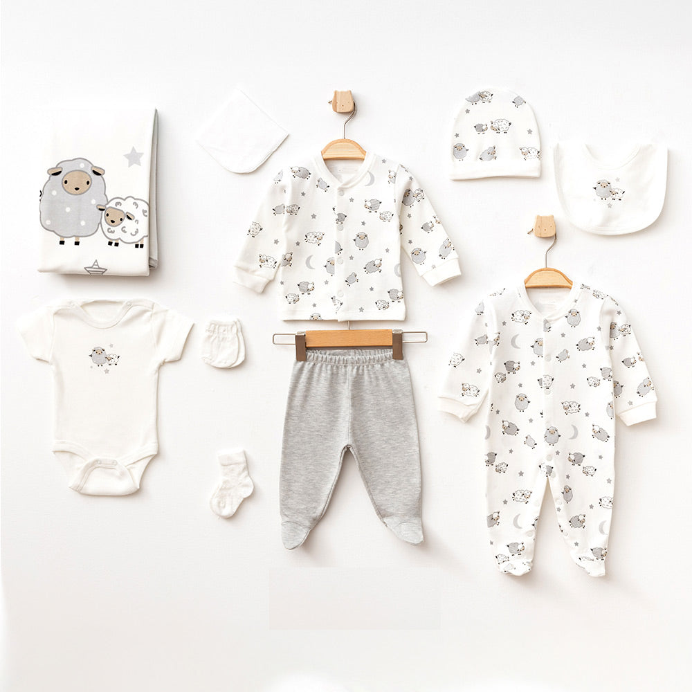 Lamb Themed Hospital Outfit 10-Piece Set Newborn Baby Boy Grey (0-3 Months) - A020.10327