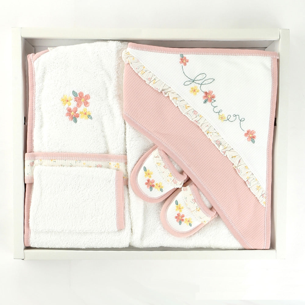 Flower Themed Baby Bathrobe Set Pink (0-24 Months) - 024.874