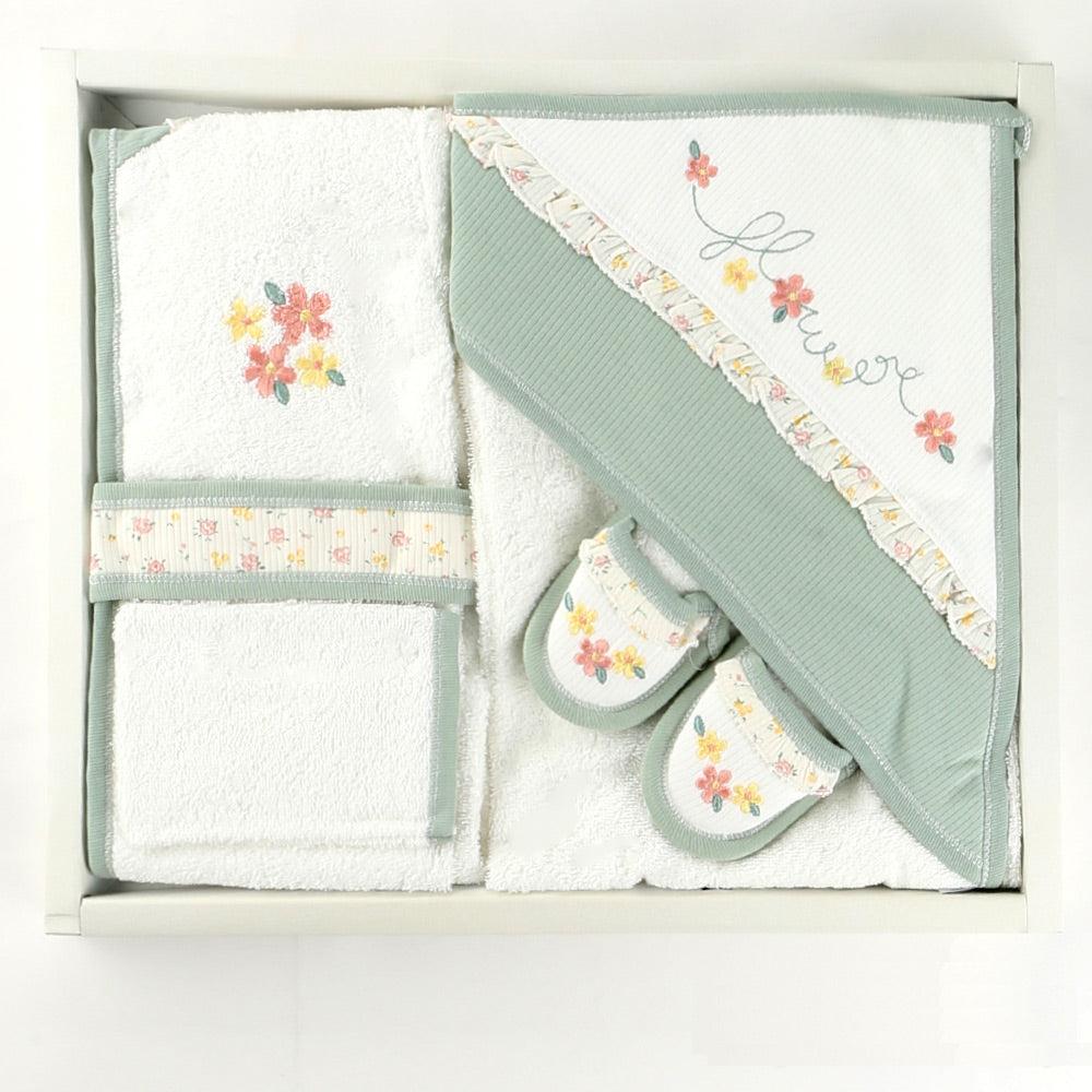 Flower Themed Baby Bathrobe Set Green (0-24 Months) - 024.874