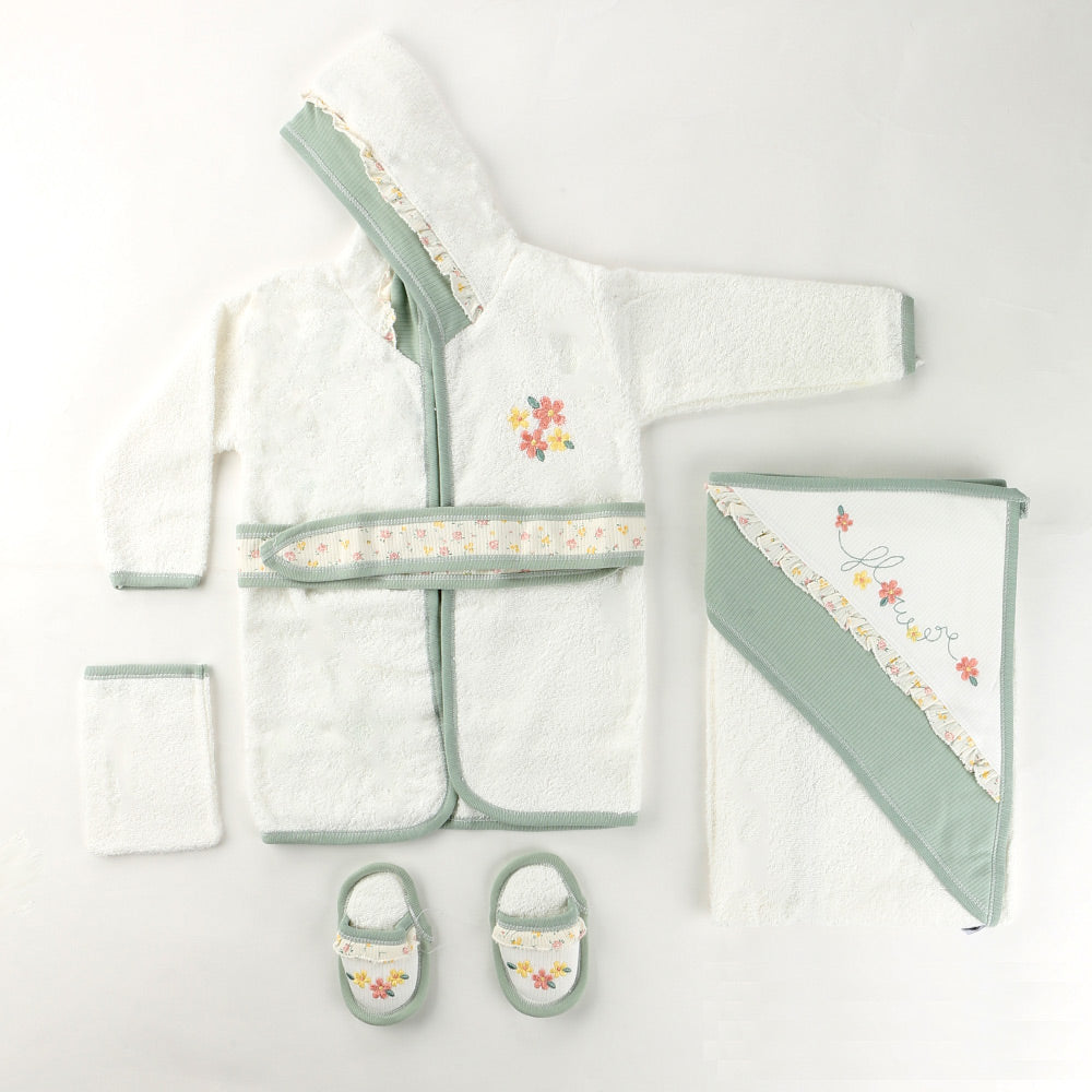 Flower Themed Baby Bathrobe Set Green (0-24 Months) - 024.874