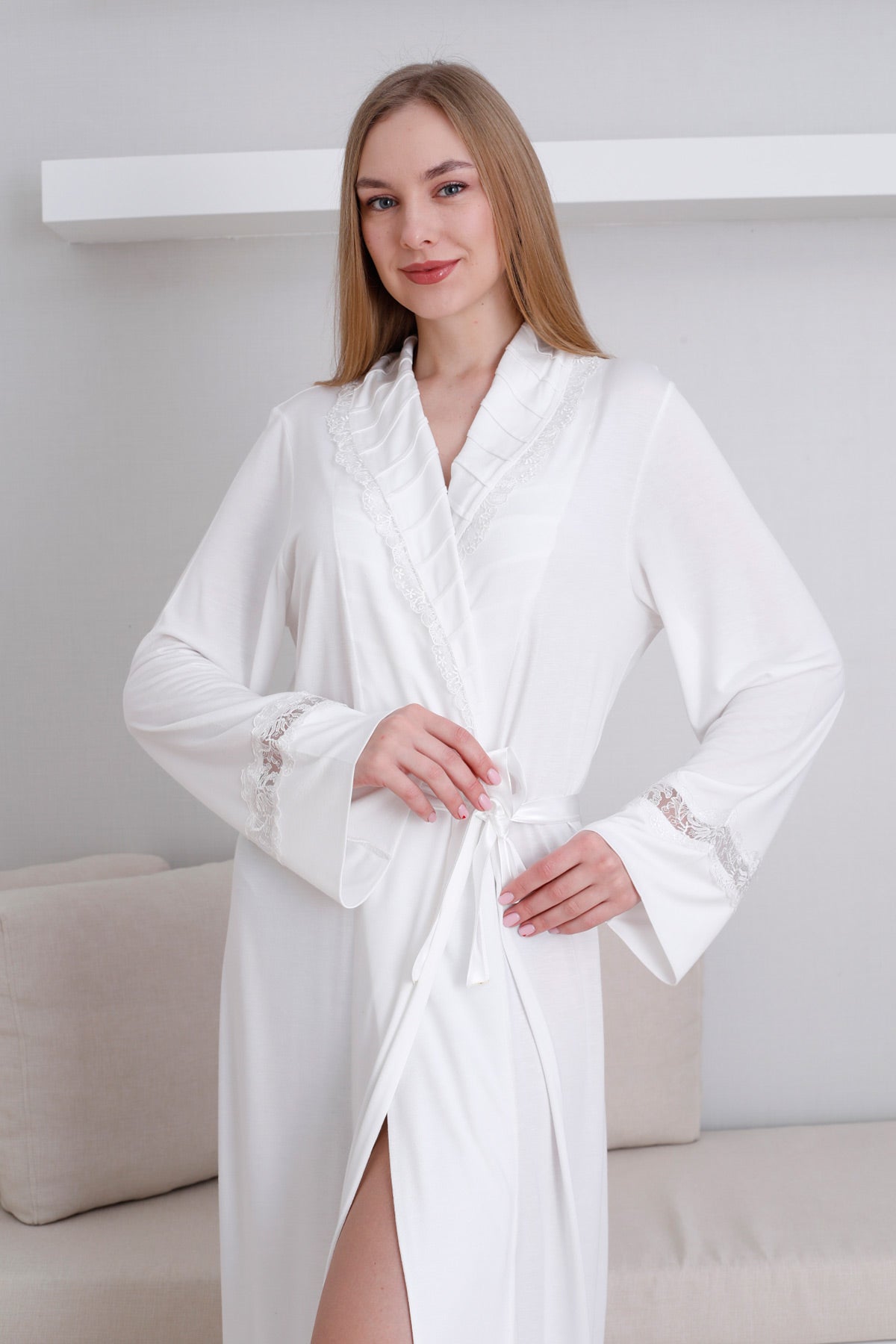 Lace Detailed Maternity Robe Ecru - 0820