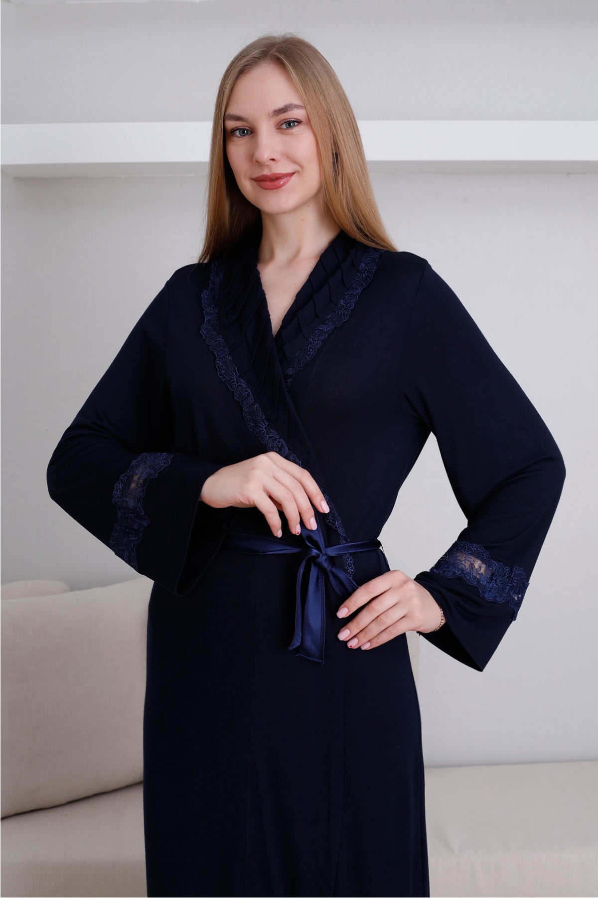 Lace Detailed Maternity Robe Navy Blue - 0820
