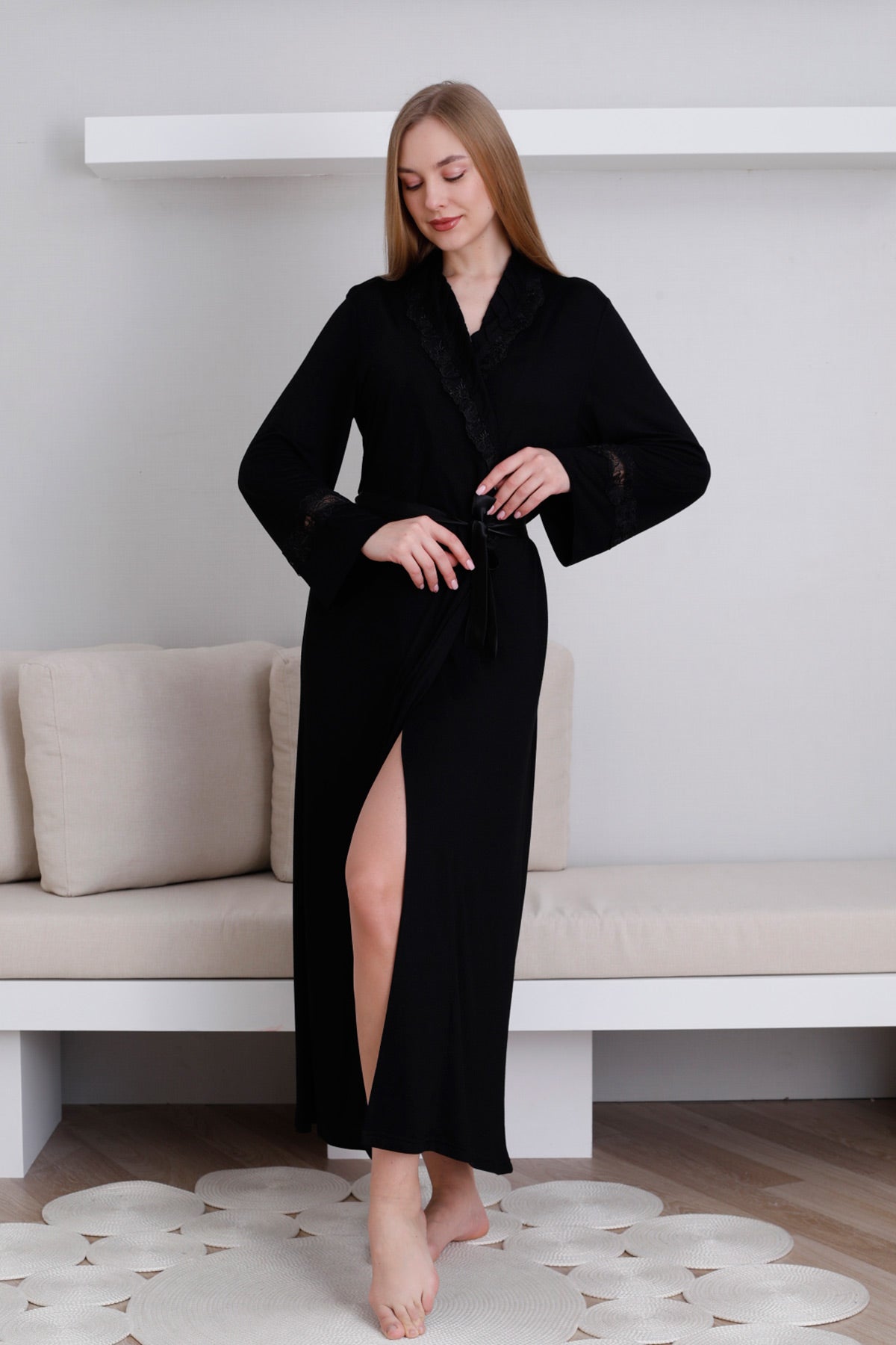 Lace Detailed Maternity Robe Black - 0820
