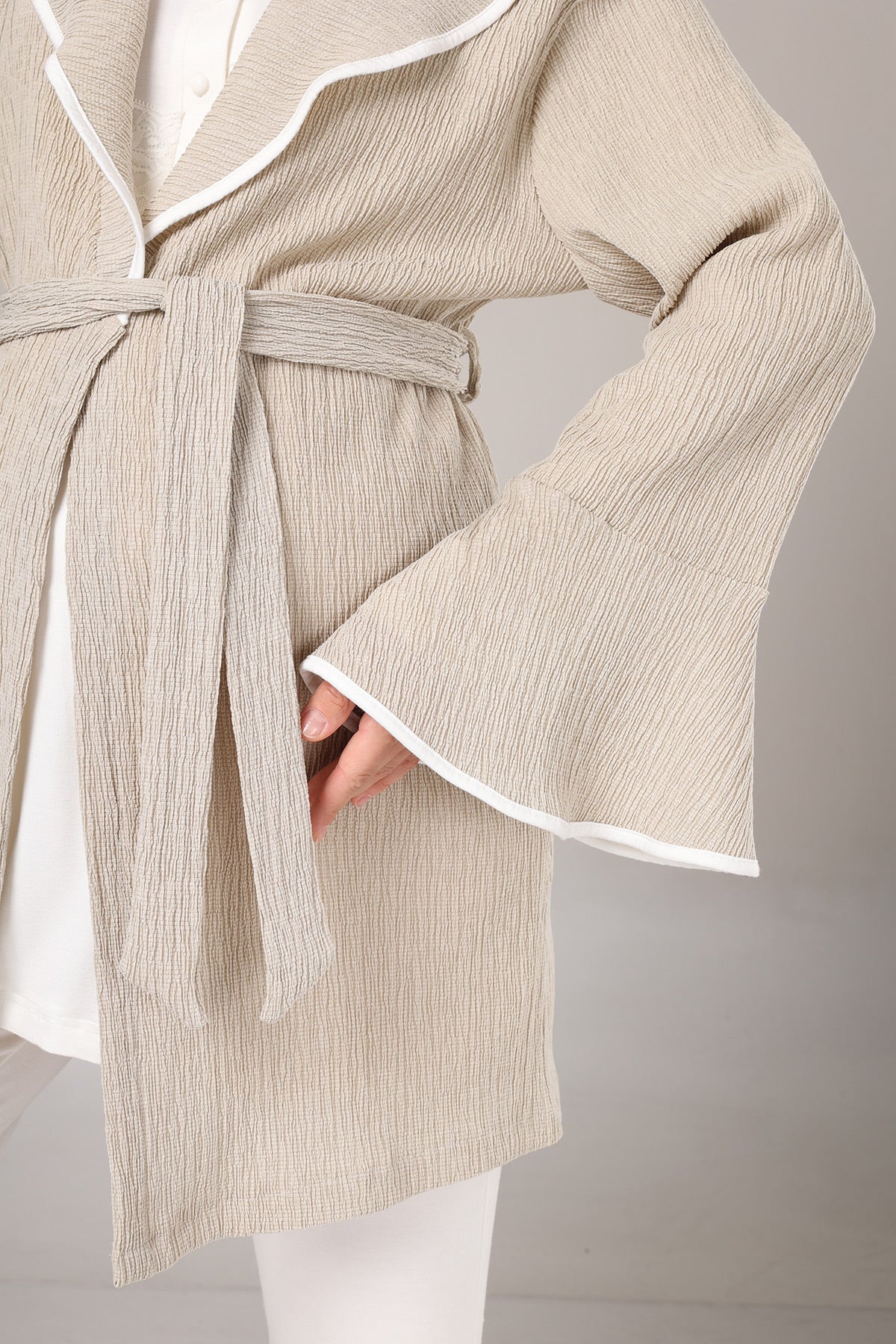 Guipure Collar 3-Piece Maternity-Nursing Pajama & Crepe Robe Set Beige - 1005