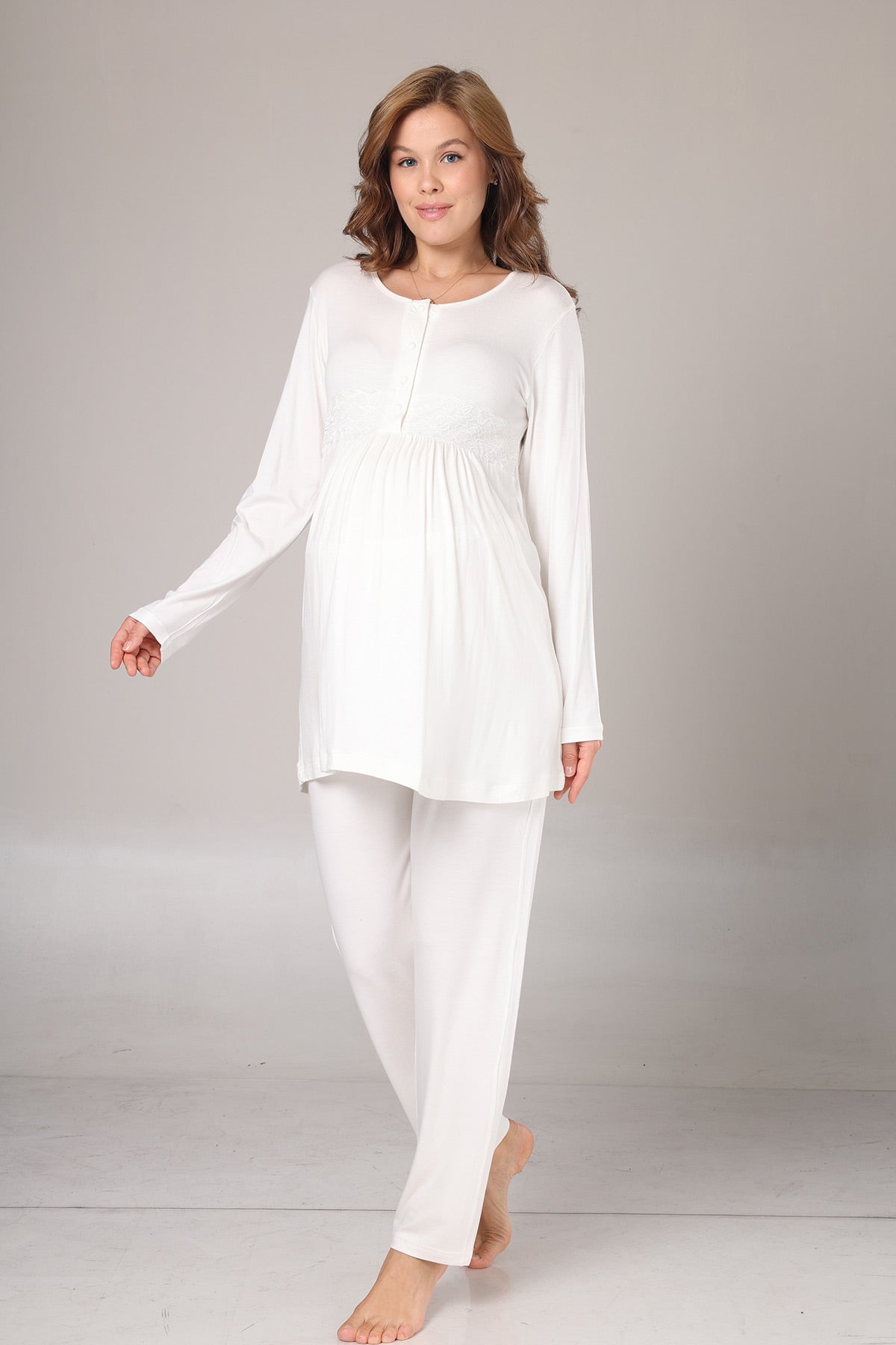 Guipure Collar 3-Piece Maternity-Nursing Pajama & Crepe Robe Set Beige - 1005