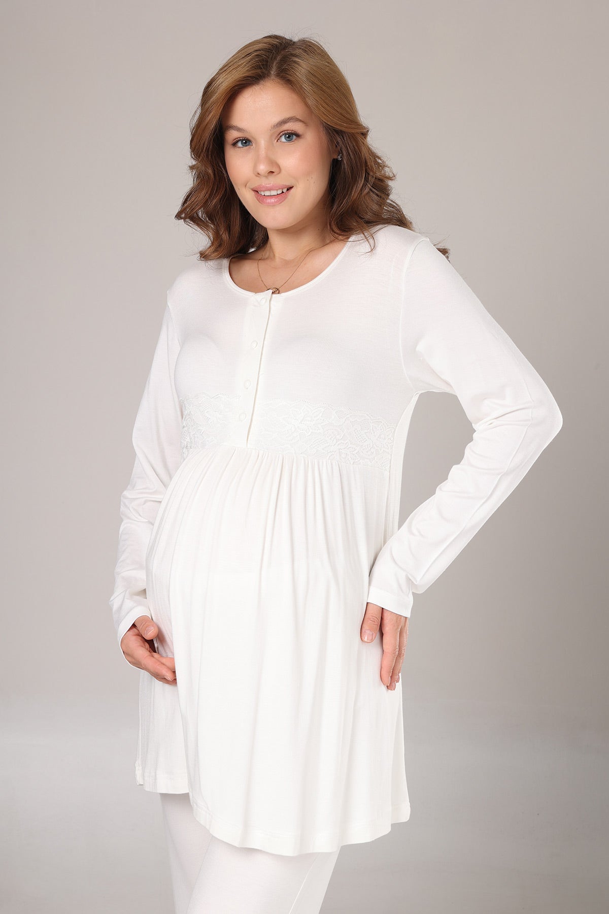 Guipure Collar 3-Piece Maternity-Nursing Pajama & Crepe Robe Set Beige - 1005