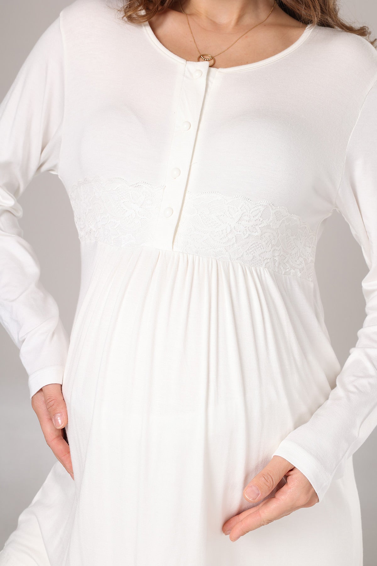 Guipure Collar 3-Piece Maternity-Nursing Pajama & Crepe Robe Set Beige - 1005