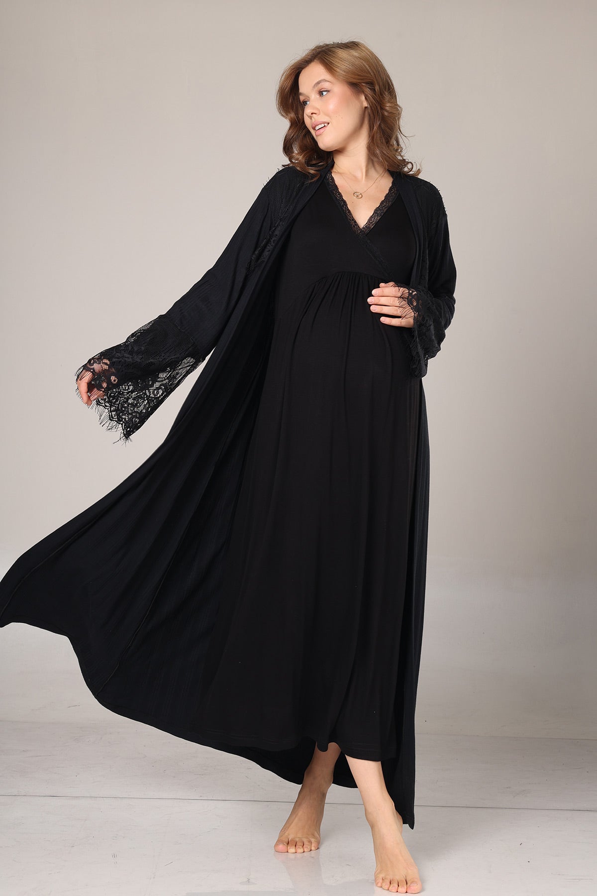 Lace Collar Maternity-Nursing Nightgown & Lace Sleeve Robe Set Black - 1006
