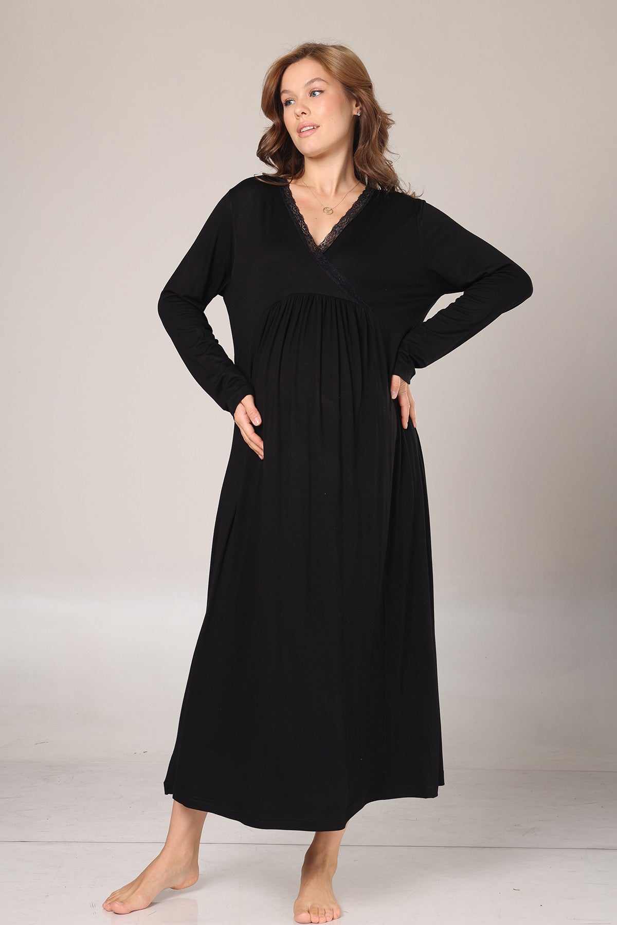 Lace Collar Maternity-Nursing Nightgown & Lace Sleeve Robe Set Black - 1006