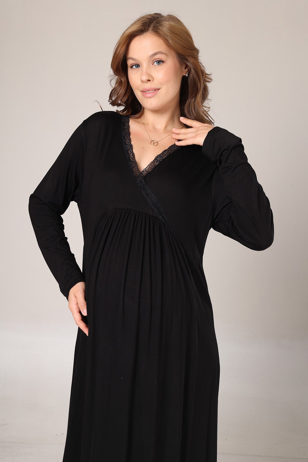 Lace Collar Maternity-Nursing Nightgown & Lace Sleeve Robe Set Black - 1006