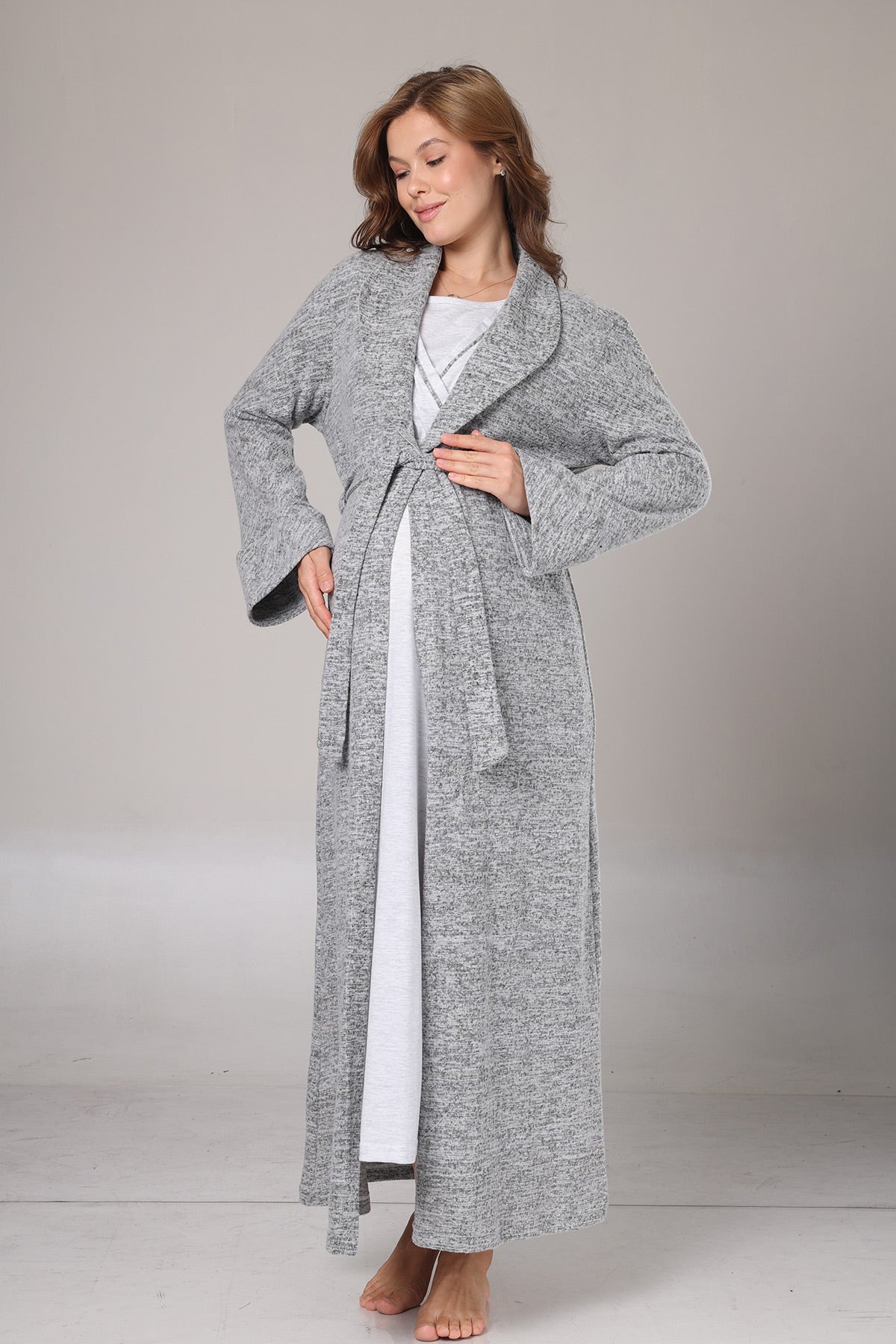 Double Breasted Maternity-Nursing Nightgown & Polar Robe Set Grey - 1007