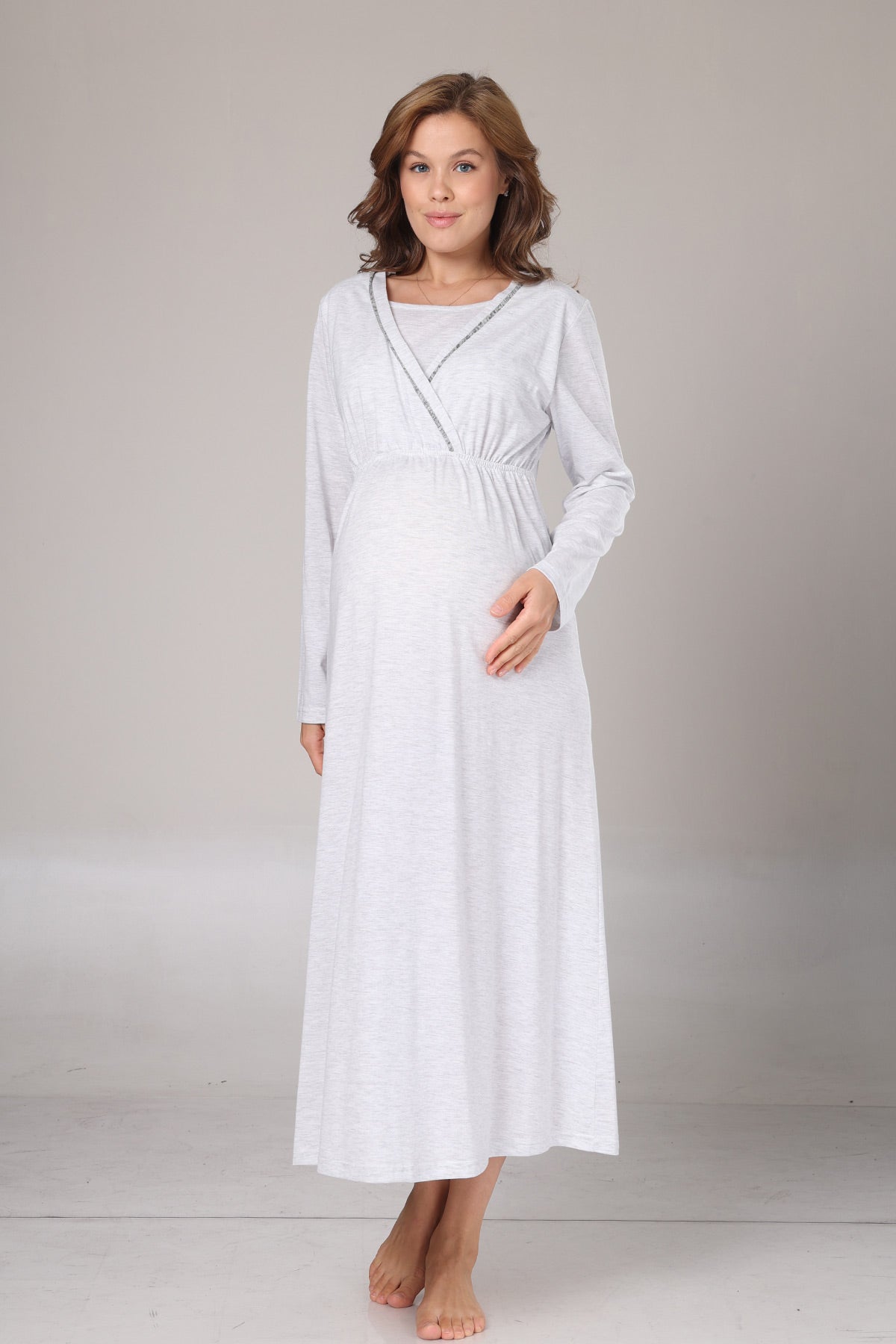 Double Breasted Maternity-Nursing Nightgown & Polar Robe Set Grey - 1007