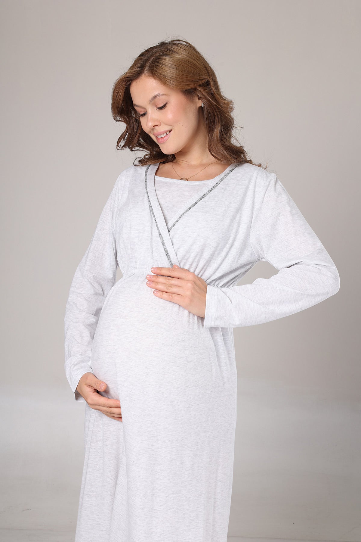 Double Breasted Maternity-Nursing Nightgown & Polar Robe Set Grey - 1007