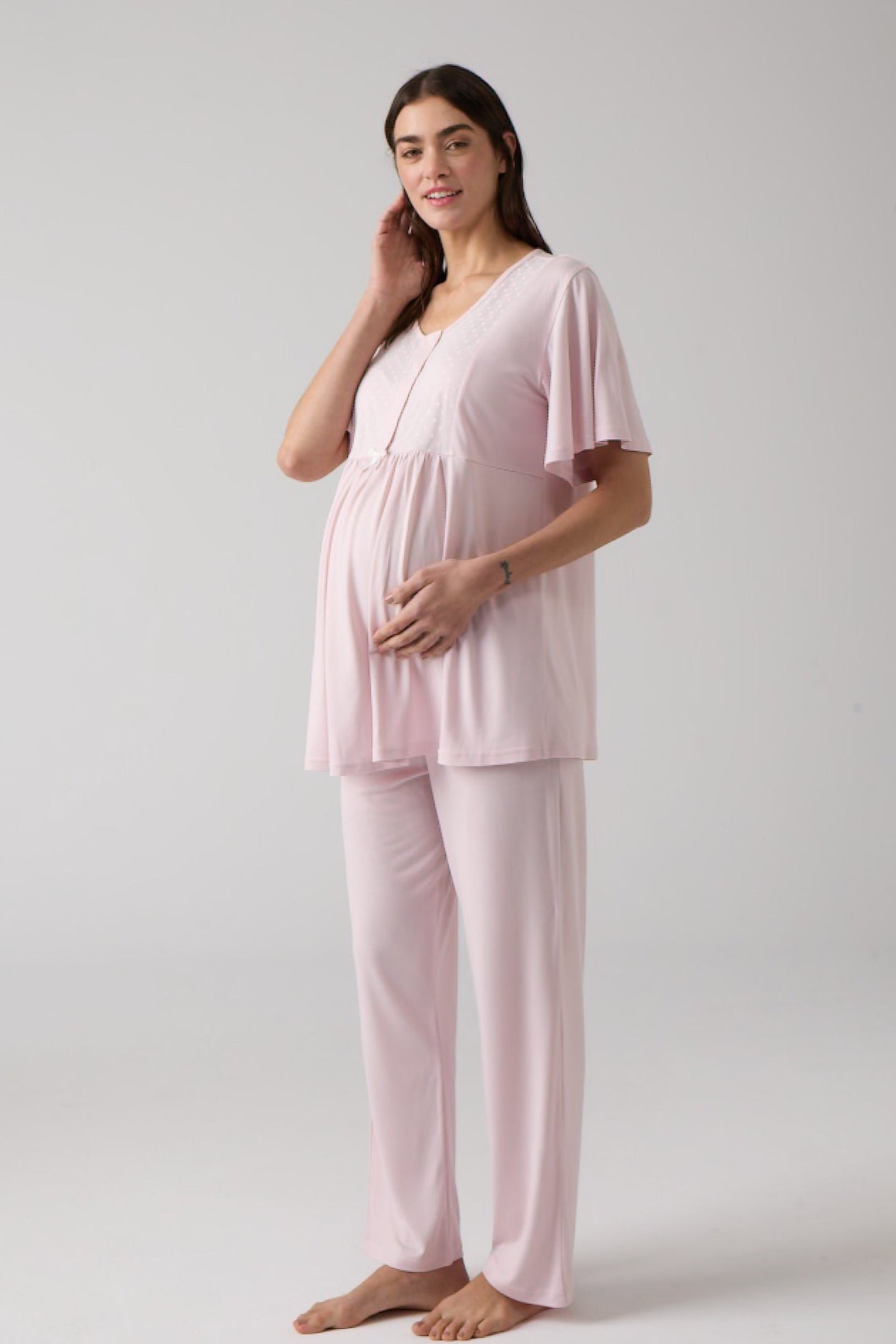 Tulle Collar Maternity & Nursing Pajama Set Powder - 1008