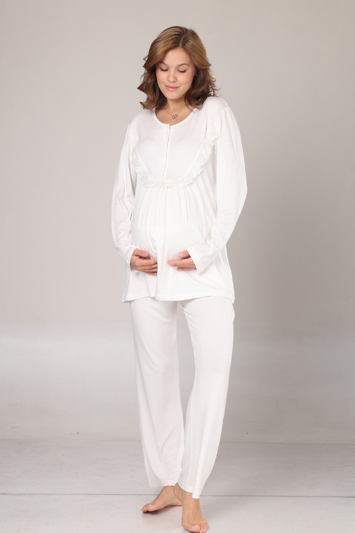Lace Detailed 3-Piece Maternity-Nursing Pajama & Jacquard Robe Set Ecru - 1010