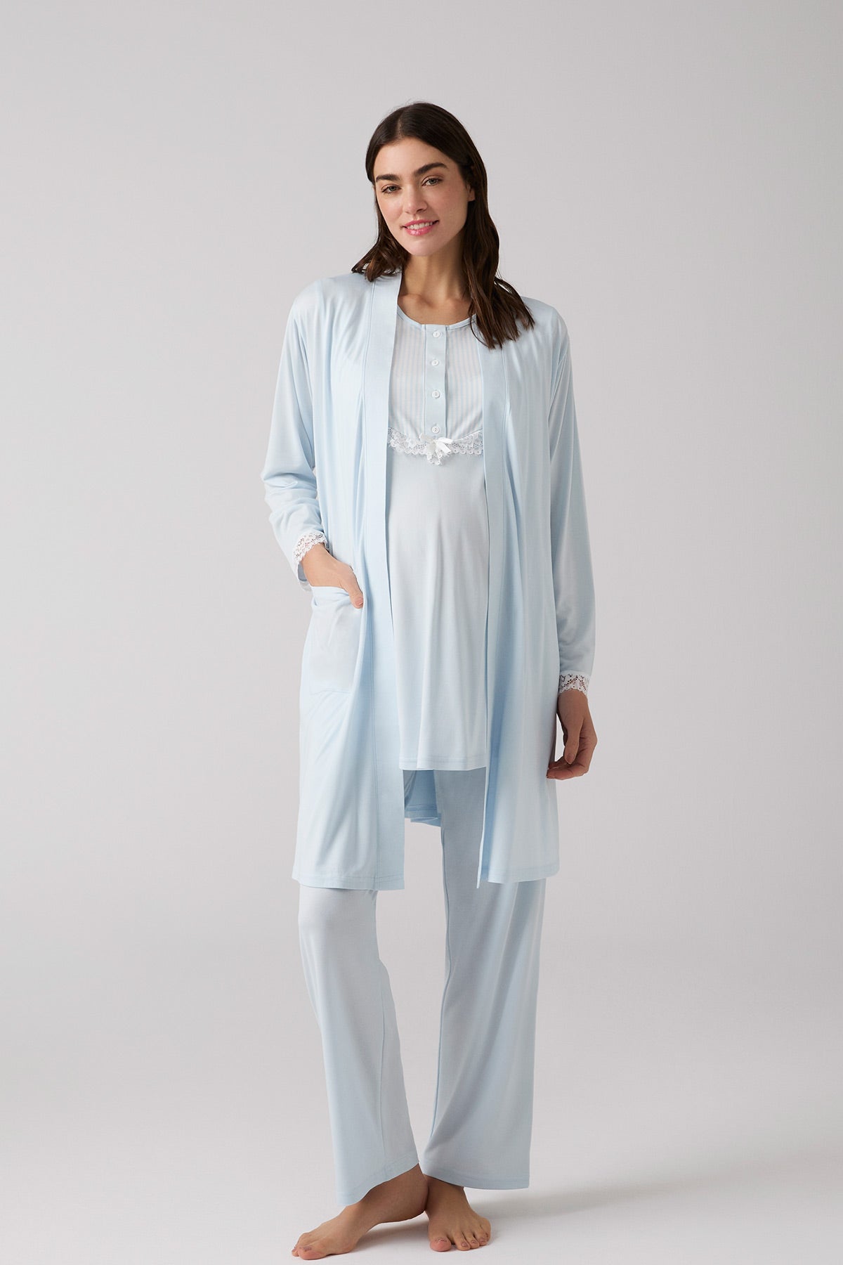 Lacy Panel 3-Piece Maternity-Nursing Pajama & Robe Set Blue - 1010