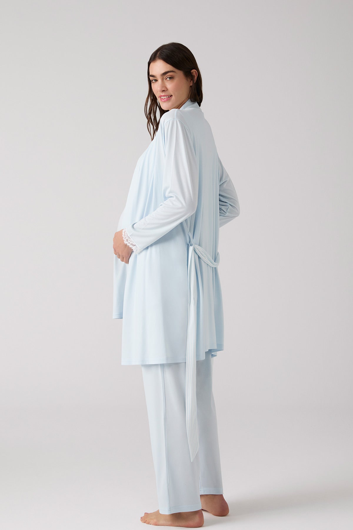 Lacy Panel 3-Piece Maternity-Nursing Pajama & Robe Set Blue - 1010