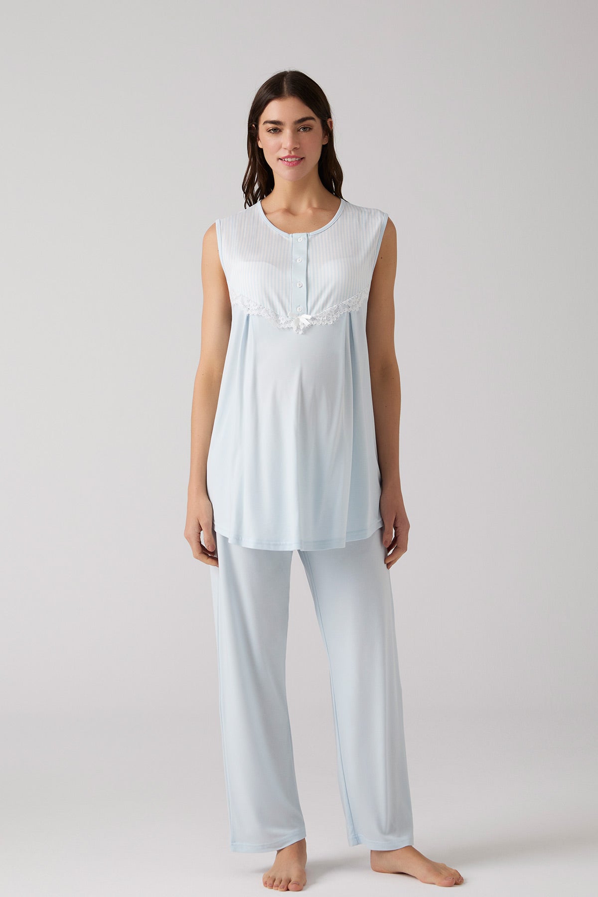 Lacy Panel 3-Piece Maternity-Nursing Pajama & Robe Set Blue - 1010