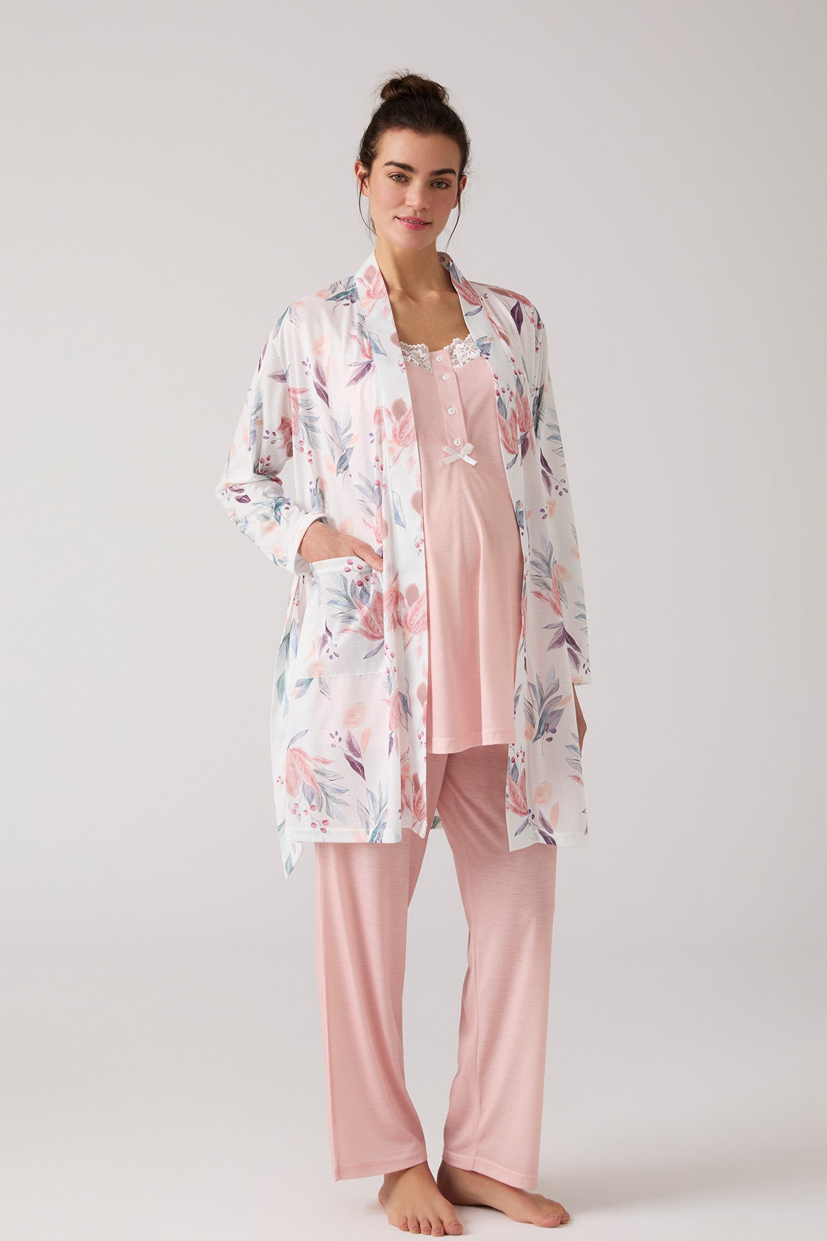 Lace Collar 3-Piece Maternity-Nursing Pajama Patterned Robe Set Salm