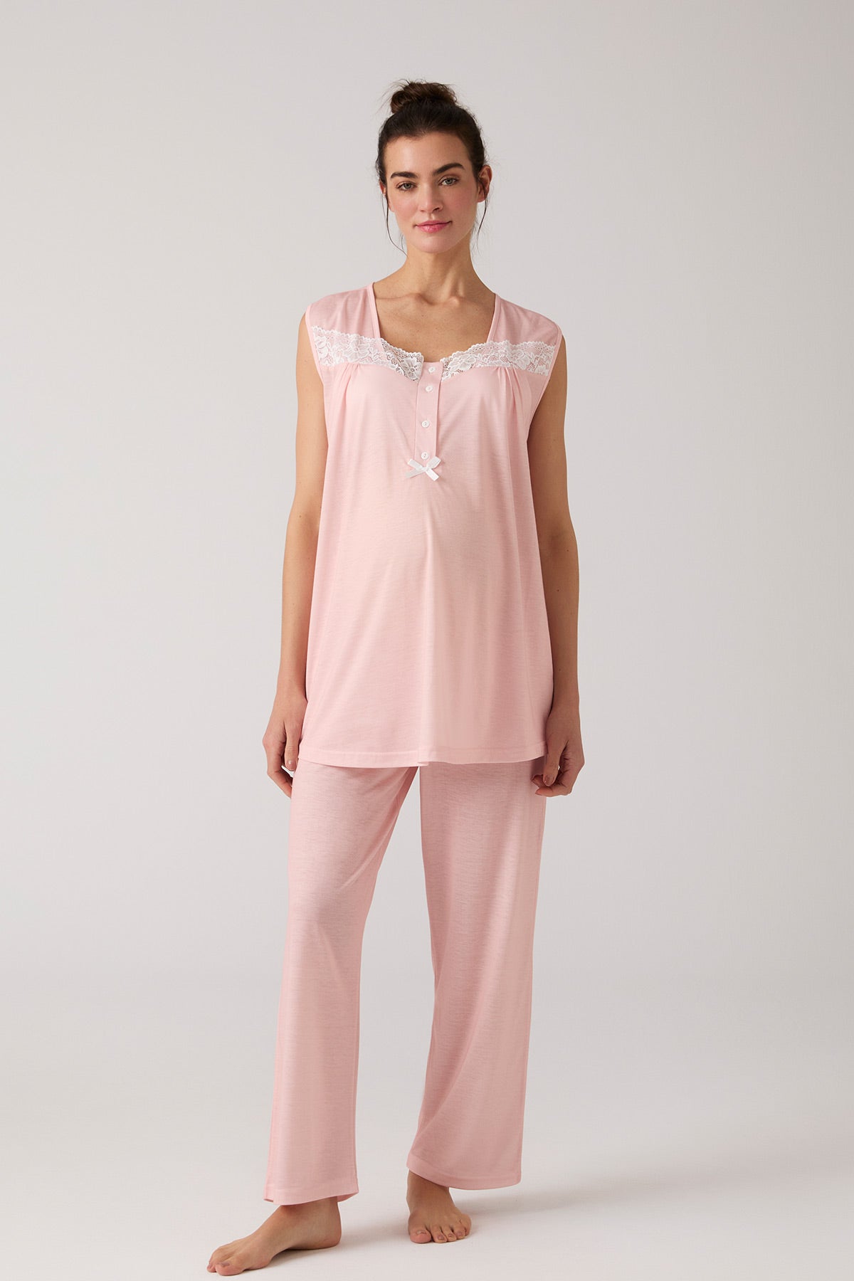 Lace Collar 3-Piece Maternity-Nursing Pajama & Patterned Robe Set Salmon - 1012