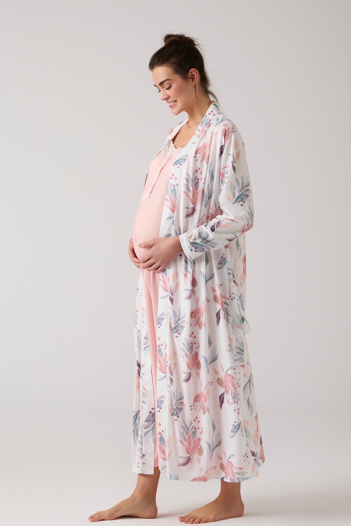 Lace Collar Maternity-Nursing Nightgown & Patterned Robe Set Salmon - 1013