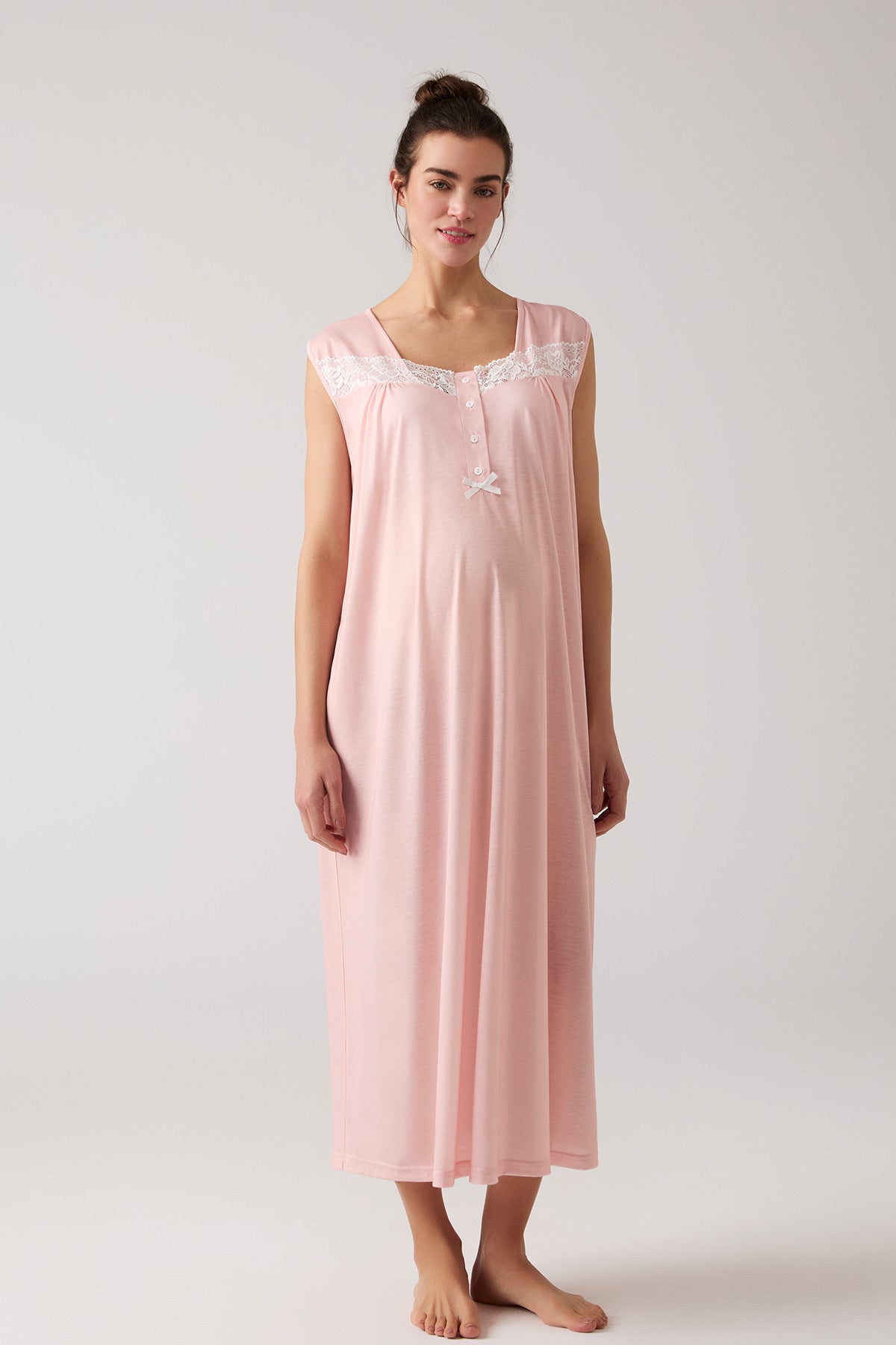 Lace Collar Maternity-Nursing Nightgown & Patterned Robe Set Salmon - 1013