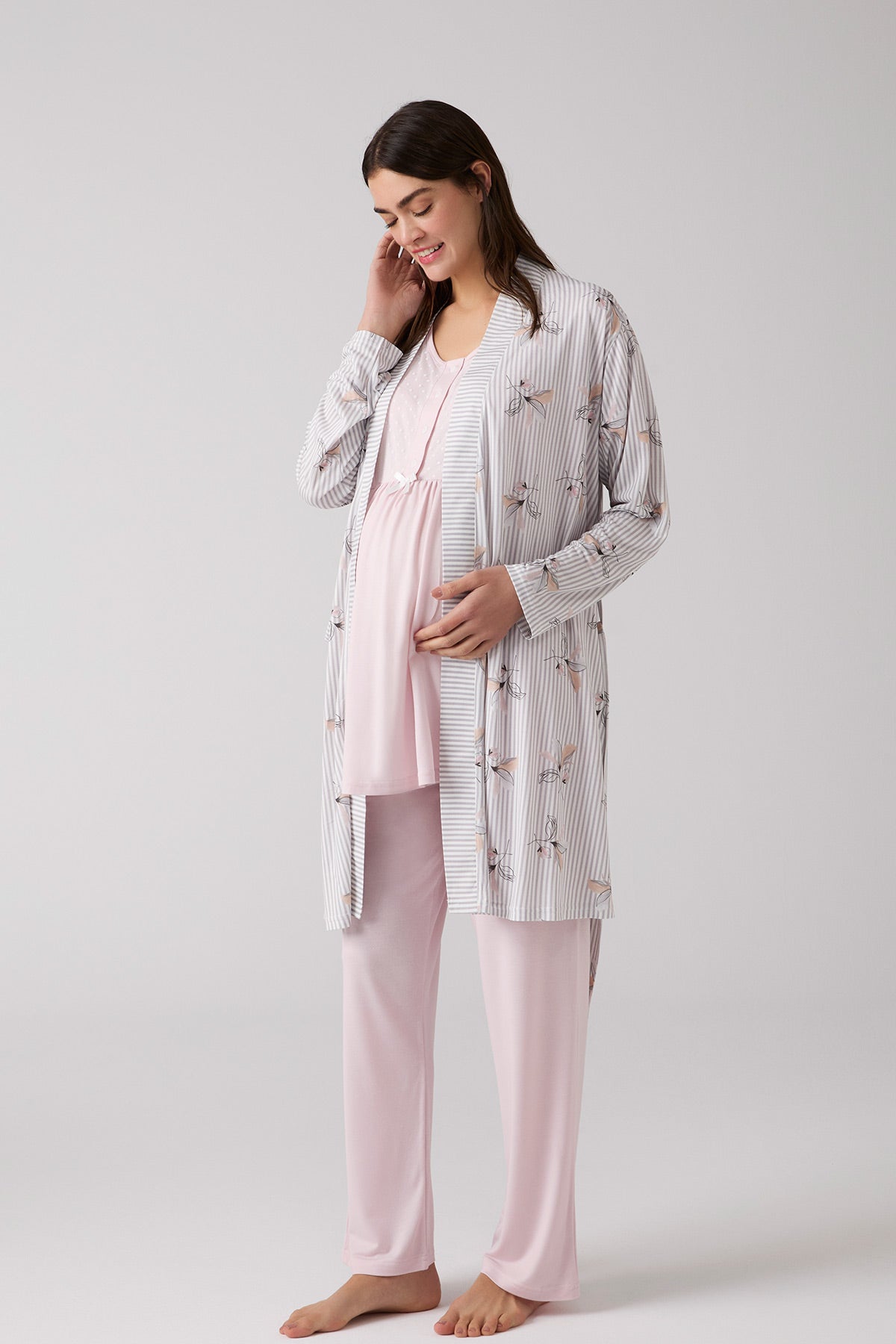 Crew-Neck 3-Piece Maternity-Nursing Pajama Patterned Robe Set Powder