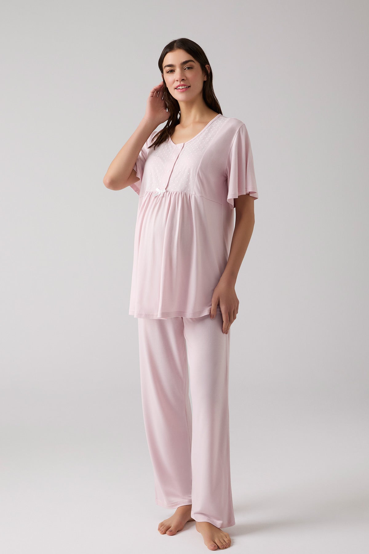 Crew-Neck 3-Piece Maternity-Nursing Pajama & Patterned Robe Set Powder - 1014
