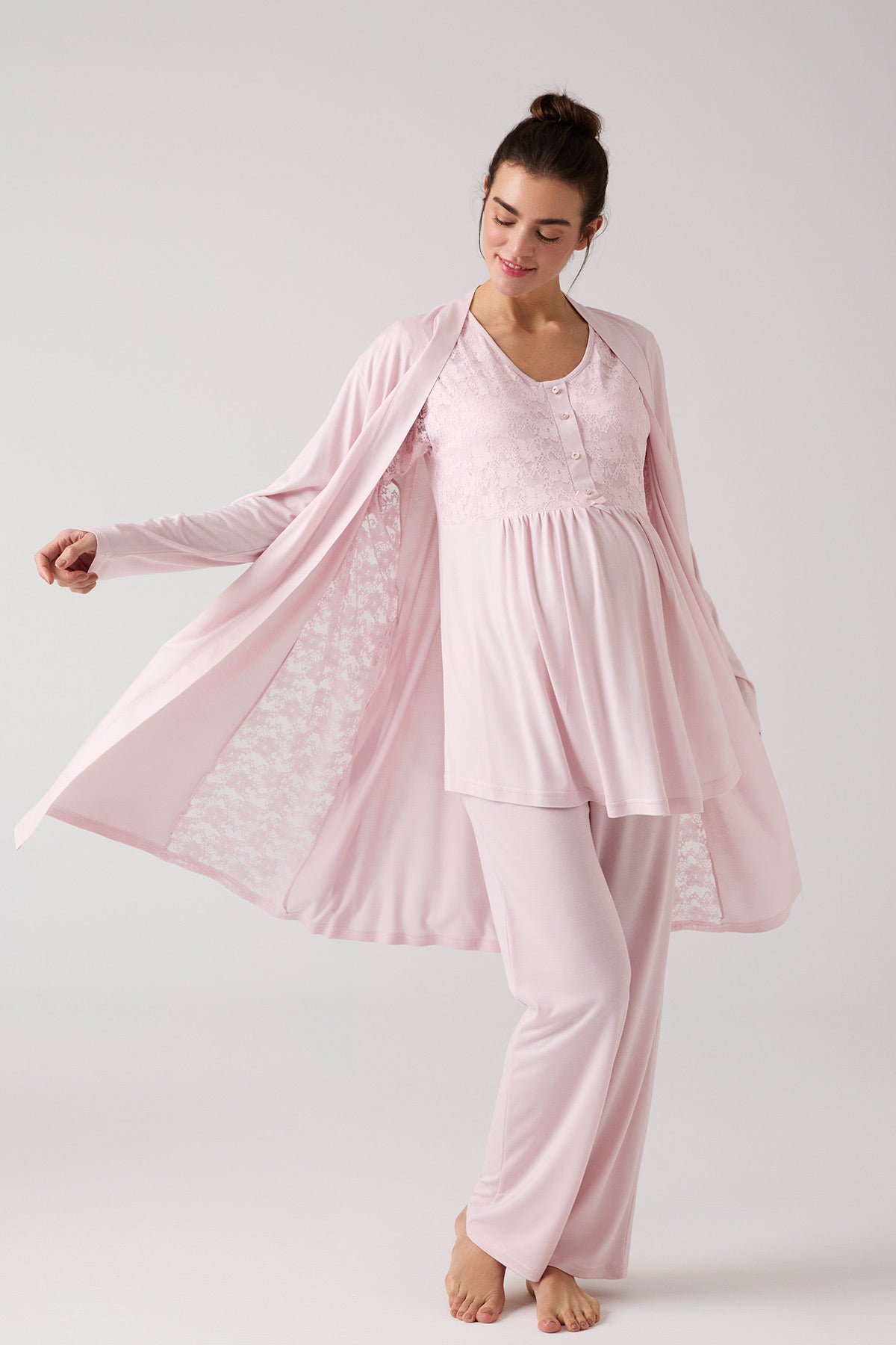 Lace Embroidered 3-Piece Maternity-Nursing Pajama & Robe Set Powder - 1016