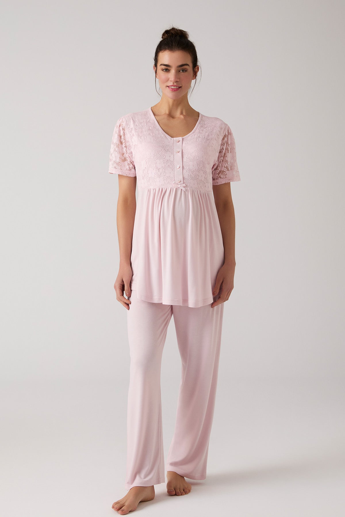 Lace Embroidered 3-Piece Maternity-Nursing Pajama & Robe Set Powder - 1016