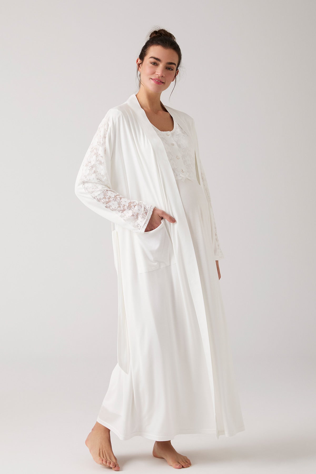 Lace Embroidered Maternity-Nursing Nightgown & Robe Set Ecru - 1017 Lace Embroidered Maternity-Nursing Nightgown & Robe Set Ecru - 1017