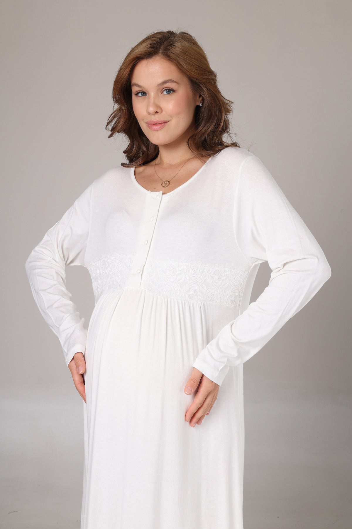 Guipure Collar Maternity-Nursing Nightgown & Crepe Robe Set Beige - 1018
