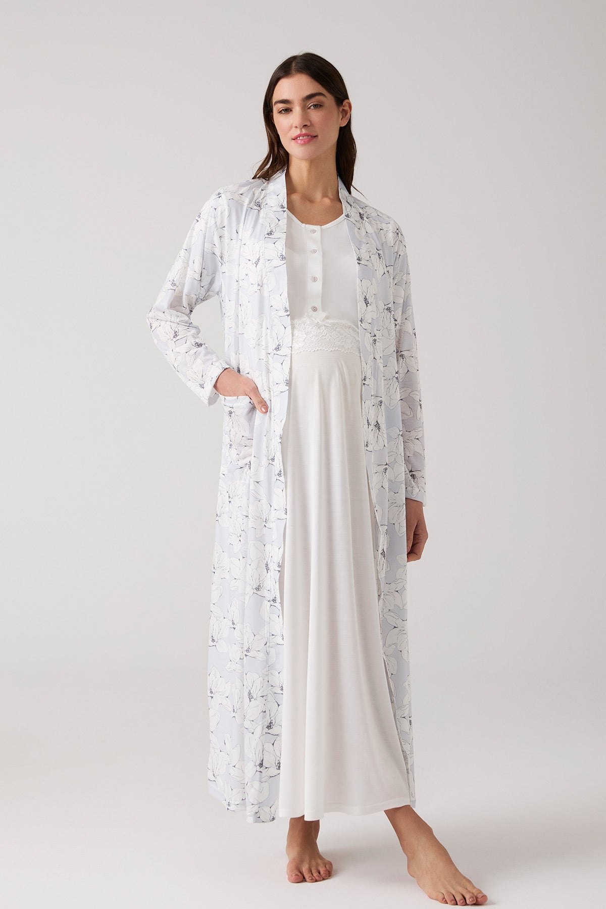 Lacy Maternity-Nursing Nightgown & Patterned Robe Set Ecru - 1018
