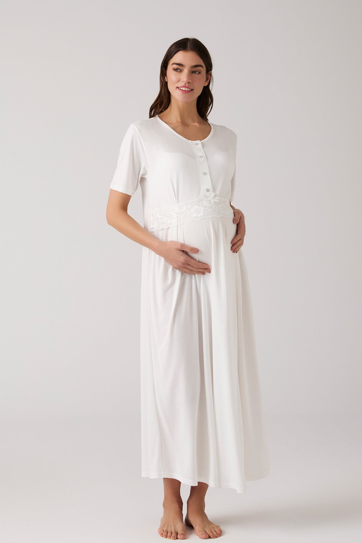 Lacy Maternity-Nursing Nightgown & Patterned Robe Set Ecru - 1018