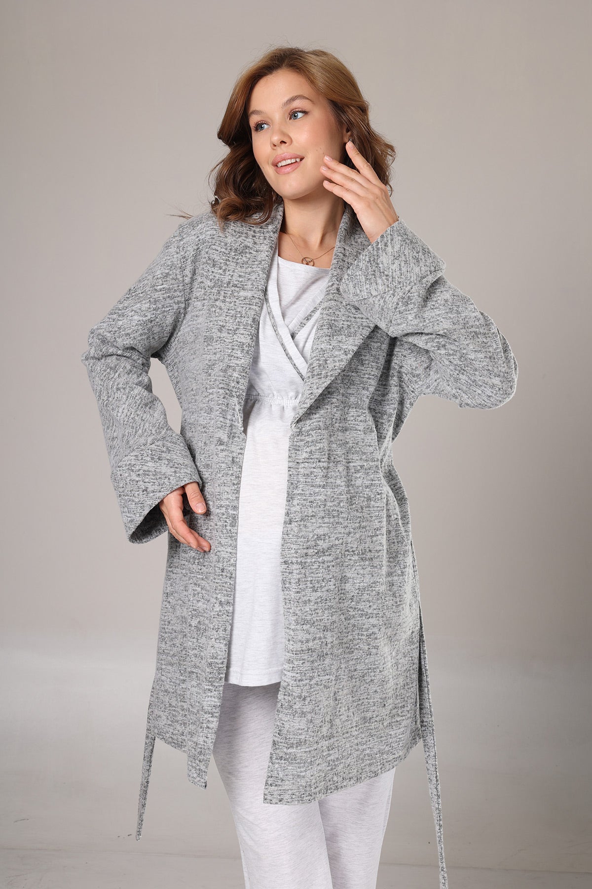 Double Breasted 3-Piece Maternity-Nursing Pajama & Polar Robe Set Grey - 1019