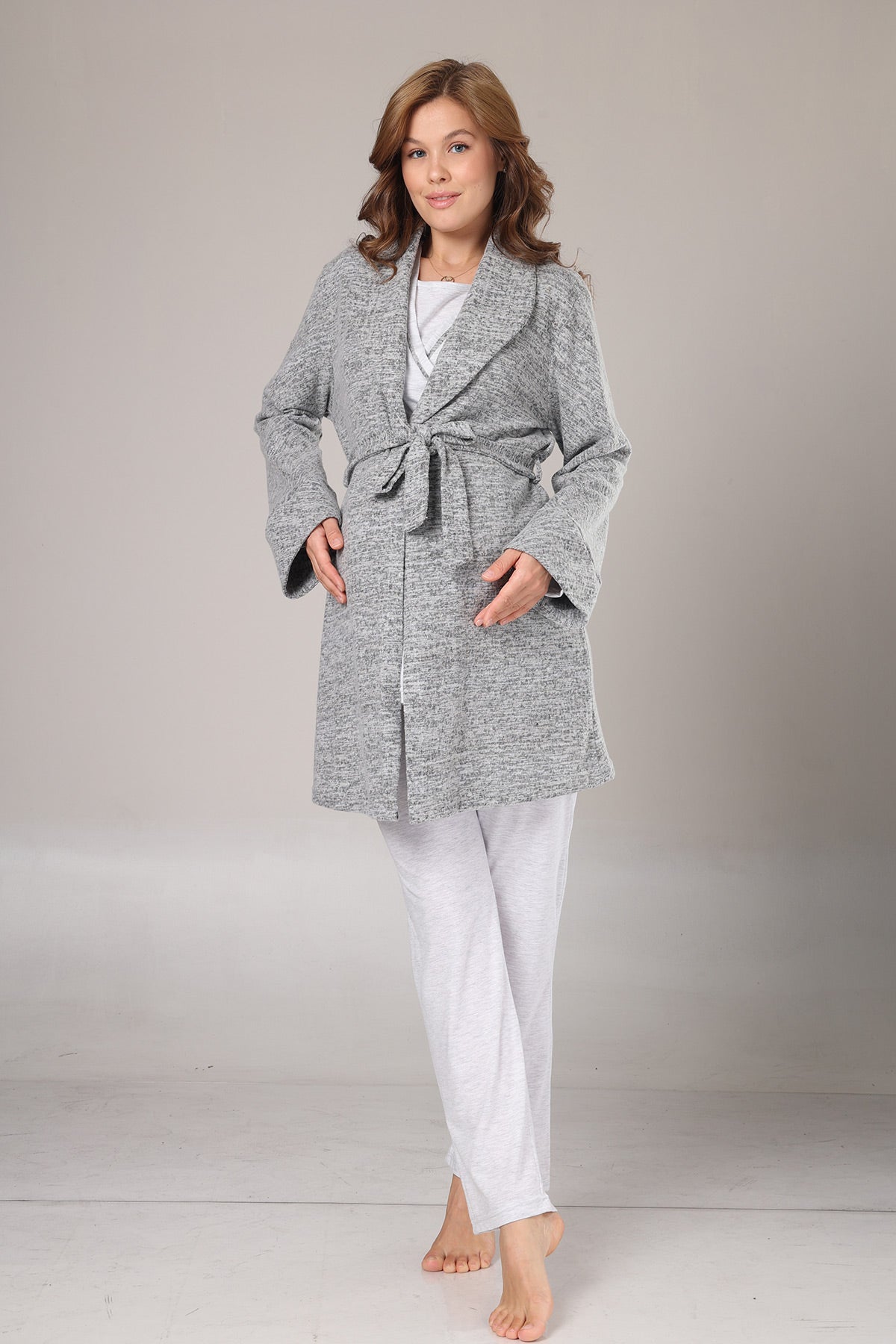 Double Breasted 3-Piece Maternity-Nursing Pajama & Polar Robe Set Grey - 1019