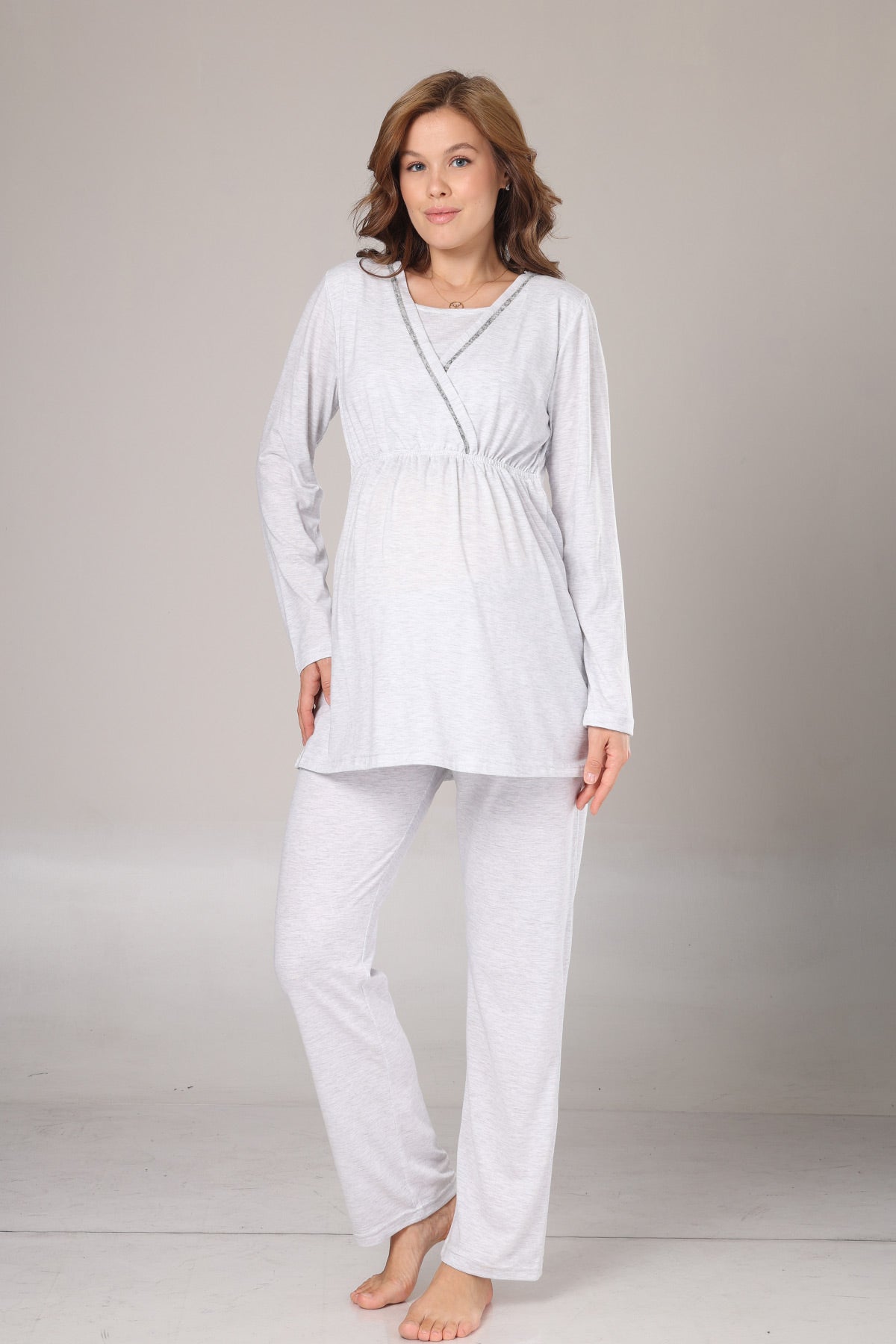 Double Breasted 3-Piece Maternity-Nursing Pajama & Polar Robe Set Grey - 1019