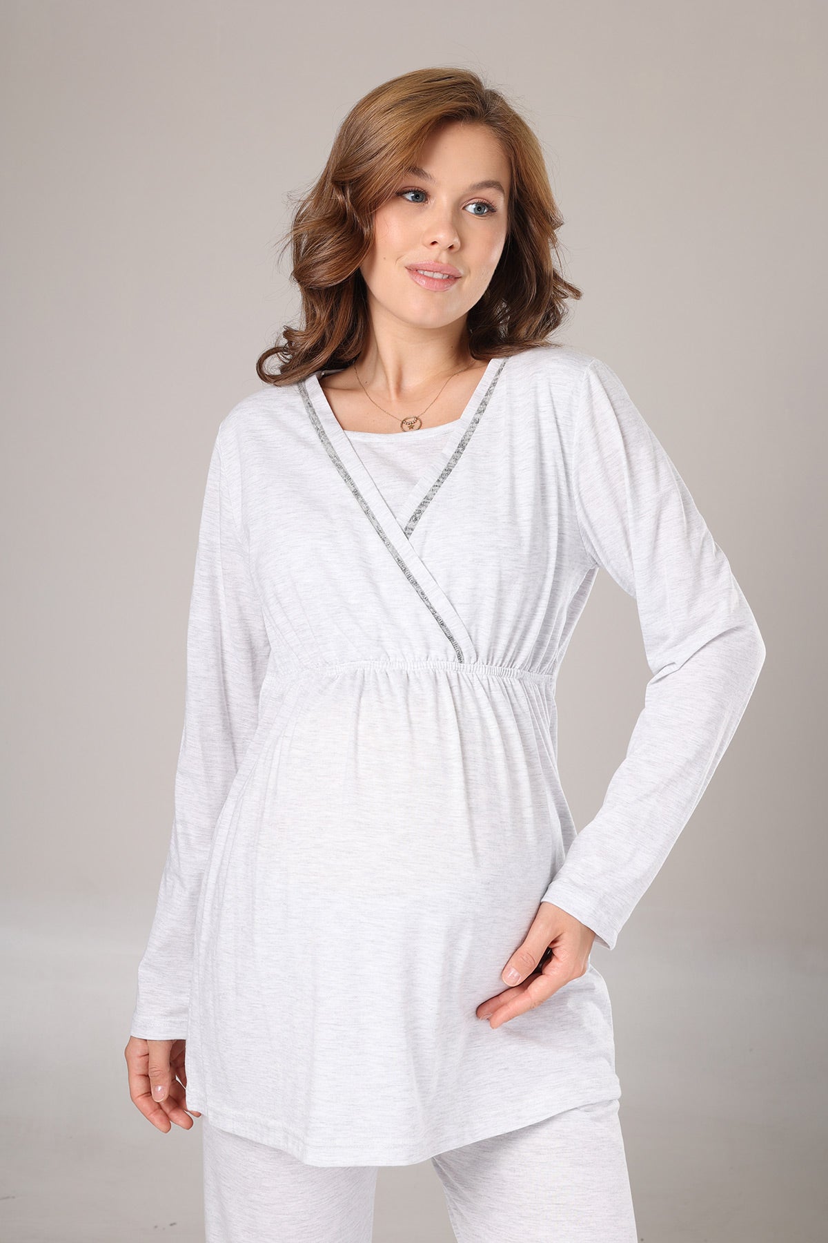 Double Breasted 3-Piece Maternity-Nursing Pajama & Polar Robe Set Grey - 1019