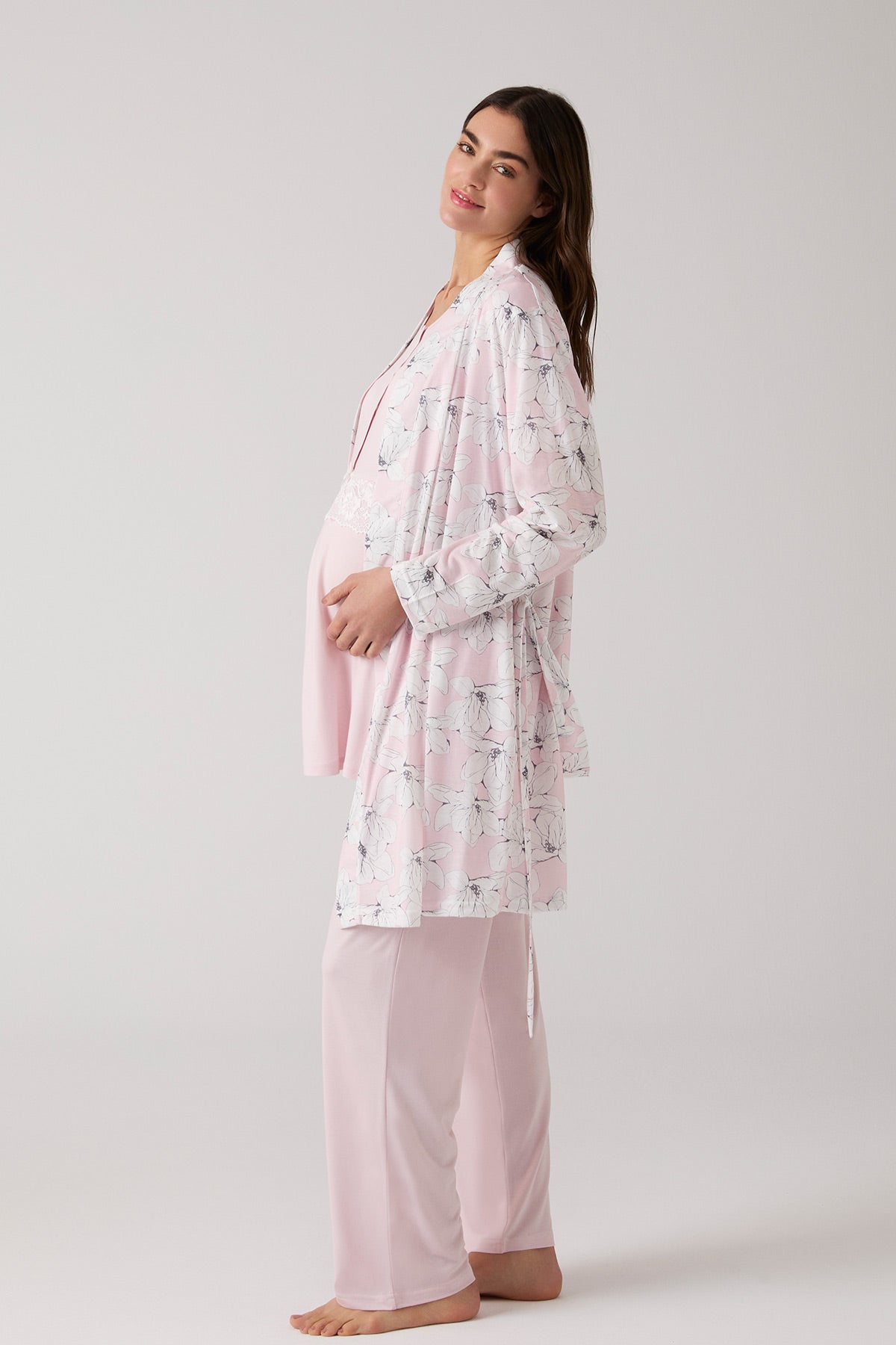 Lacy 3-Piece Maternity-Nursing Pajama & Patterned Robe Set Powder - 1019
