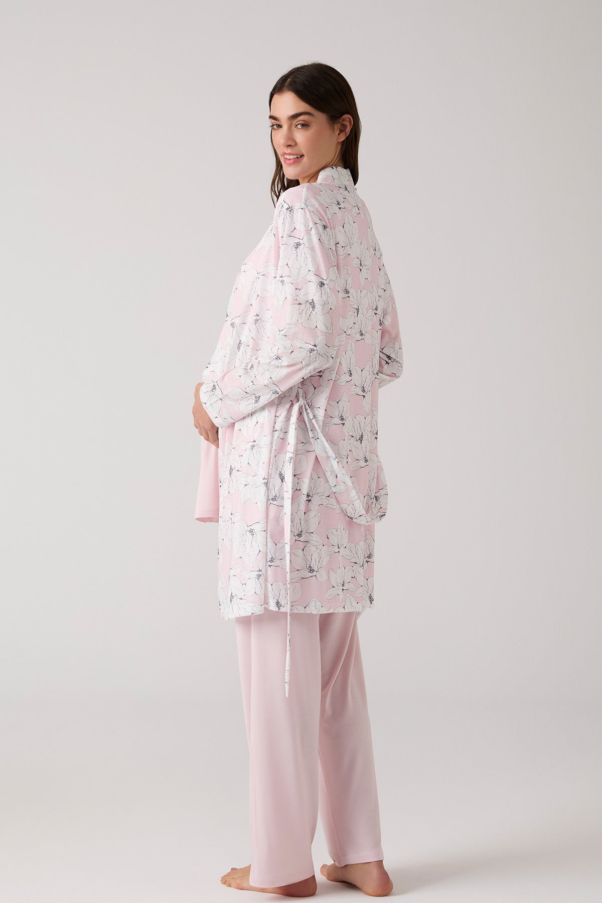 Lacy 3-Piece Maternity-Nursing Pajama & Patterned Robe Set Powder - 1019