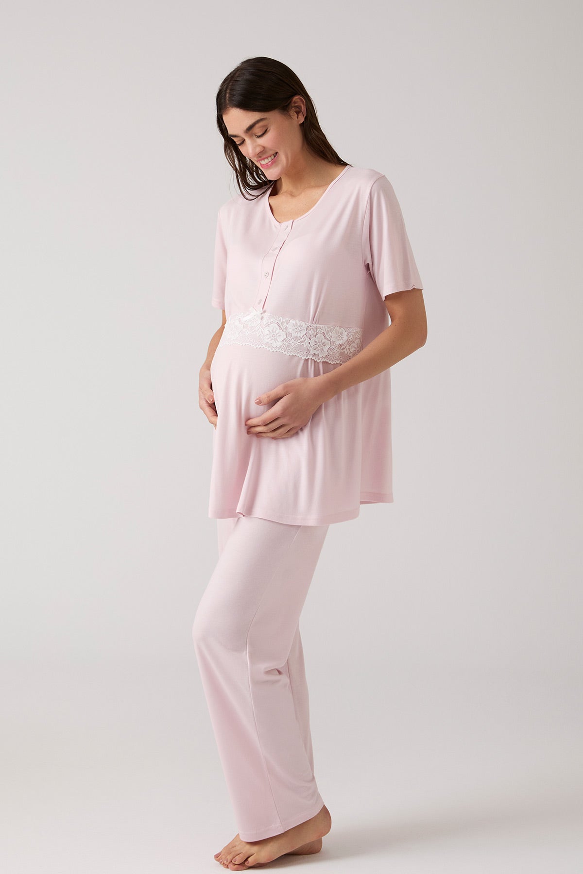 Lacy 3-Piece Maternity-Nursing Pajama & Patterned Robe Set Powder - 1019