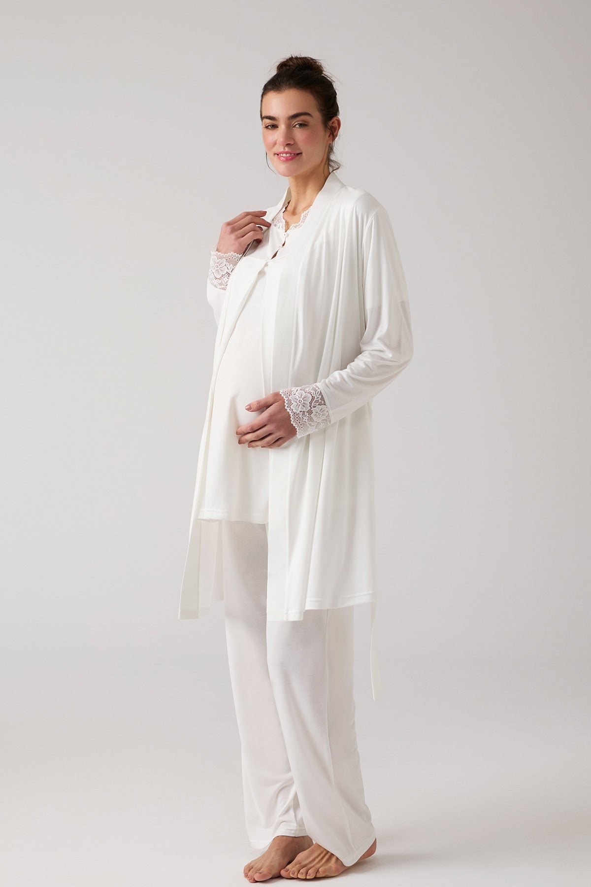 Lacy Hidden Breastfeeding Panel 3-Piece Maternity-Nursing Pajama & Robe Set Ecru - 1020