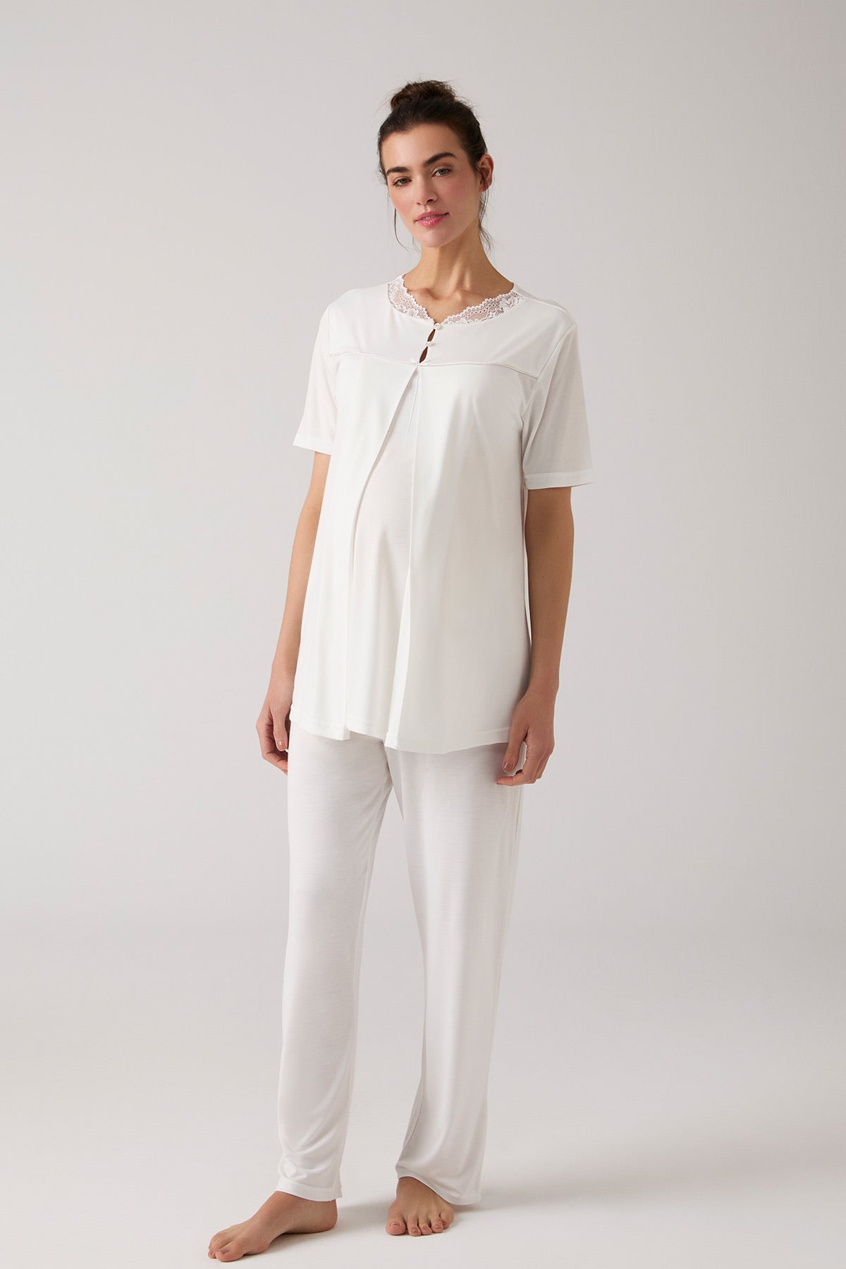 Lacy Hidden Breastfeeding Panel 3-Piece Maternity-Nursing Pajama & Robe Set Ecru - 1020