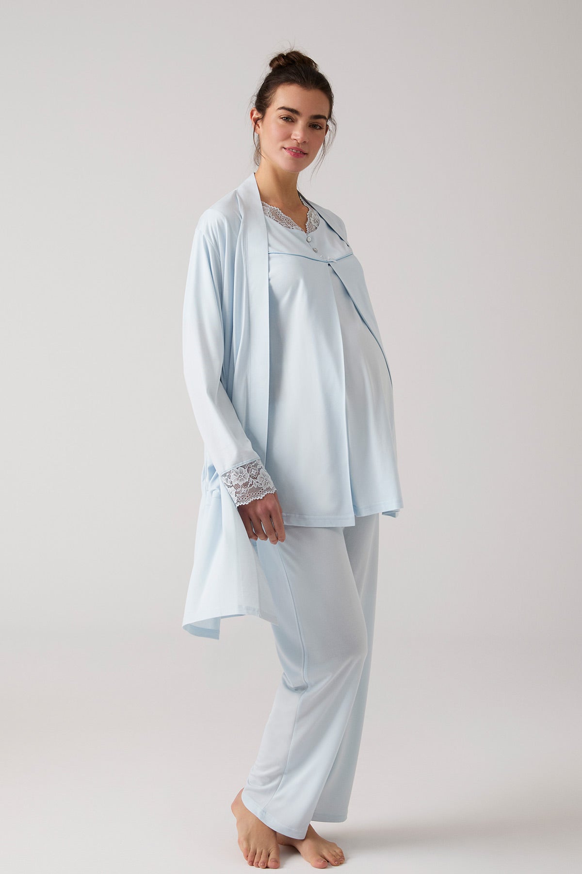 Lacy Hidden Breastfeeding Panel 3-Piece Maternity-Nursing Pajama & Robe Set Blue - 1020